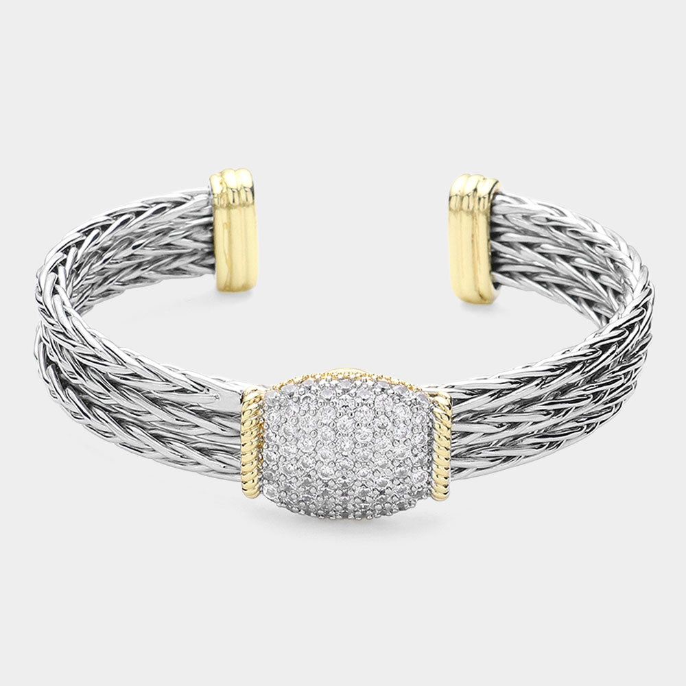 14K Gold Plated CZ Stone Oval Braided Cuff Bracelet for Women - Elegant Jewelry Gift for Birthday, Anniversary & Special Occasions