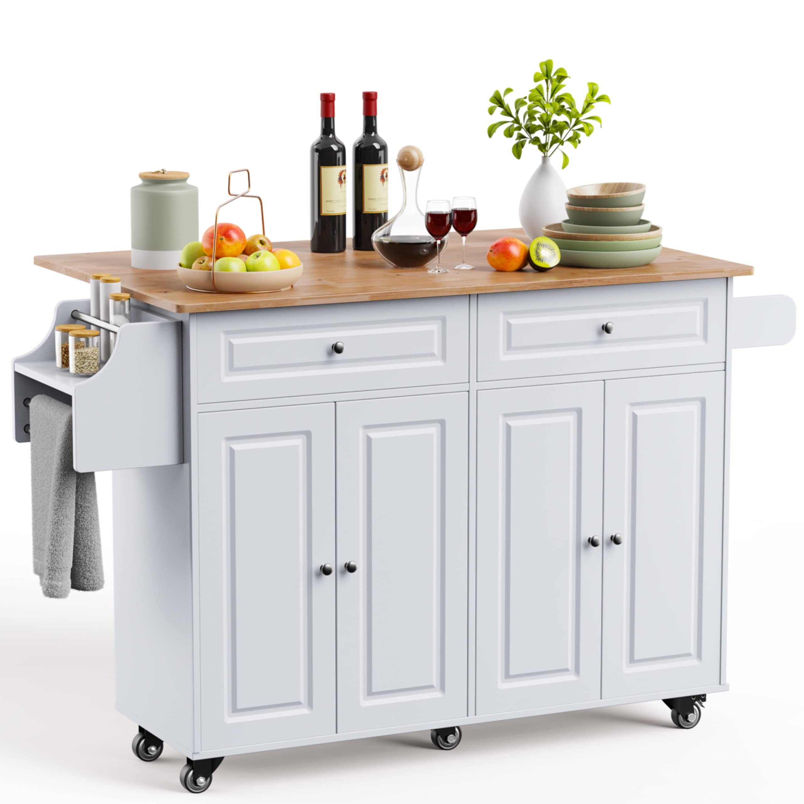 Rolling Kitchen Island Cart with Natural Rubber Wood Top - Mobile Kitchen Cart with Double Storage Cabinets & Drawers - White Kitchen Workstation for Small Spaces & Apartment Cooking