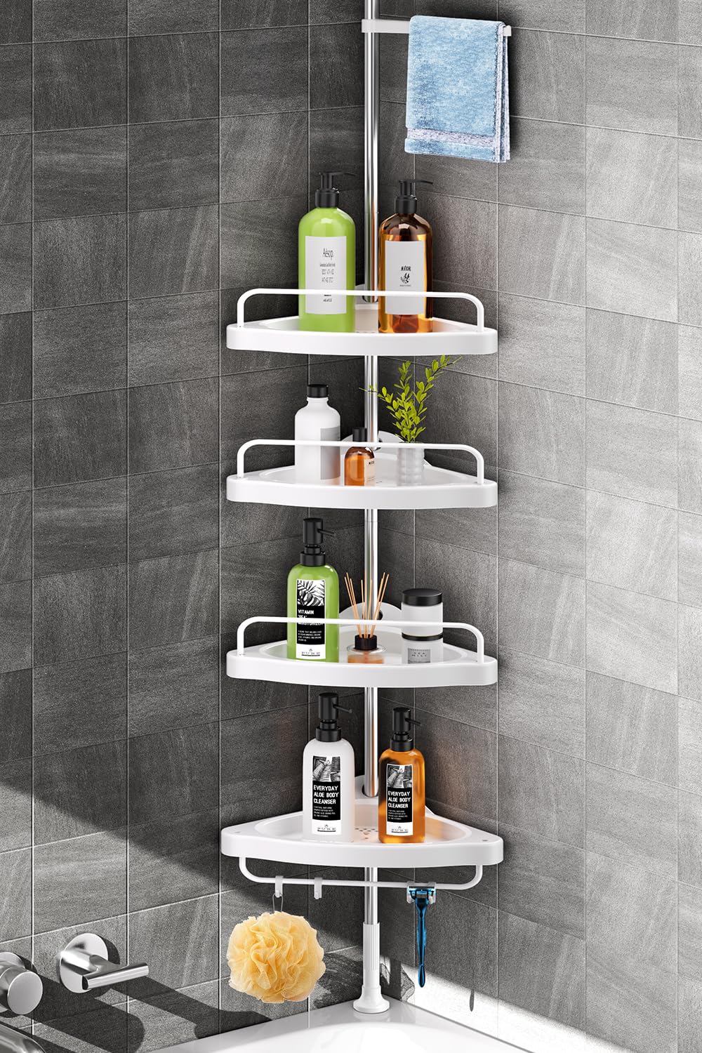 Adjustable Stainless Steel Corner Shower Tension Pole - 4 Tier Bathroom Shelf Organizer for Shampoo, Soap & Towels | Space Saving Shower Storage Solution for Small Bathrooms