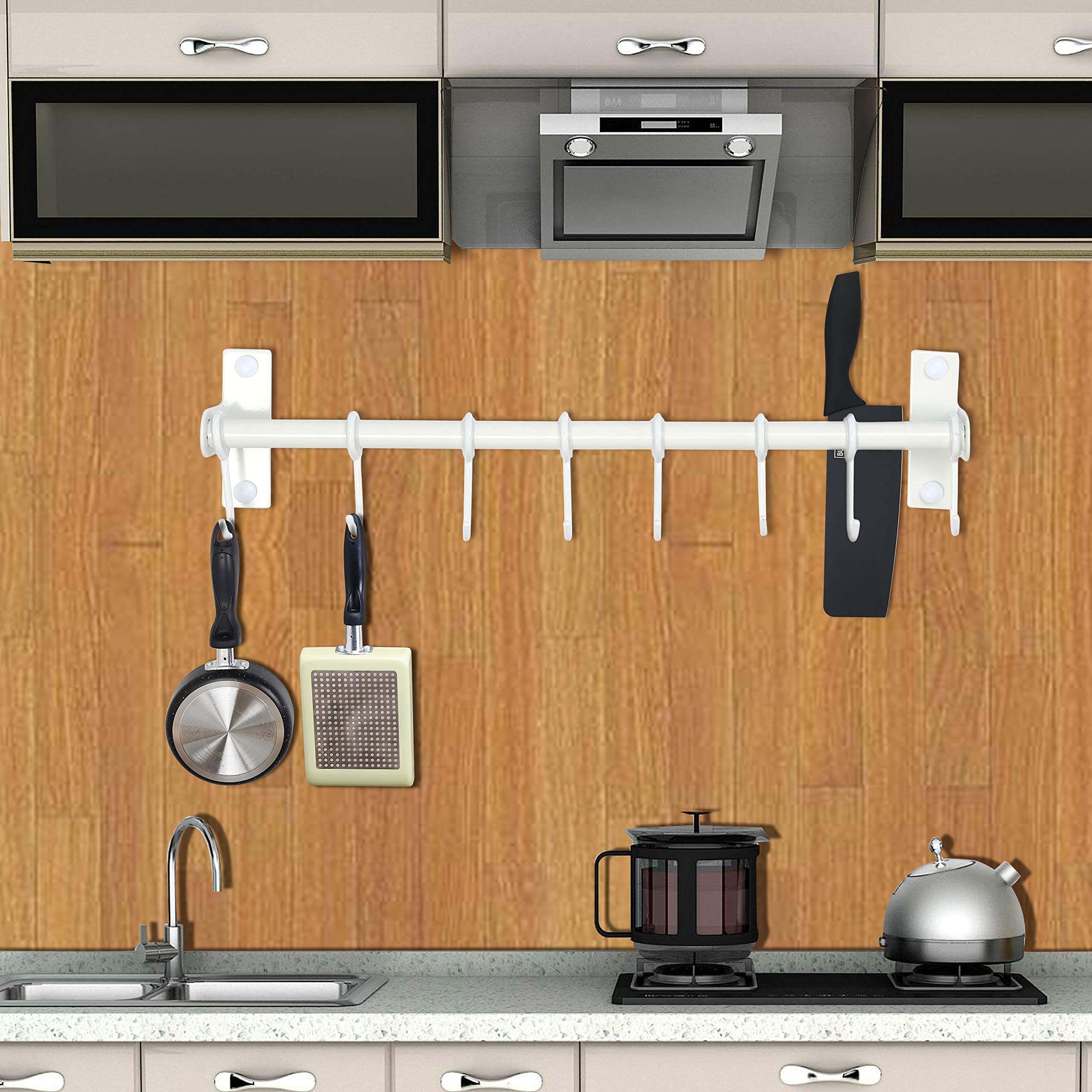 Dseap Wall Mounted Pot and Pan Hanging Rack - Double Bar Kitchen Organizer with 8 Hooks, White - Perfect for Small Kitchens, RVs, and Apartments to Save Space