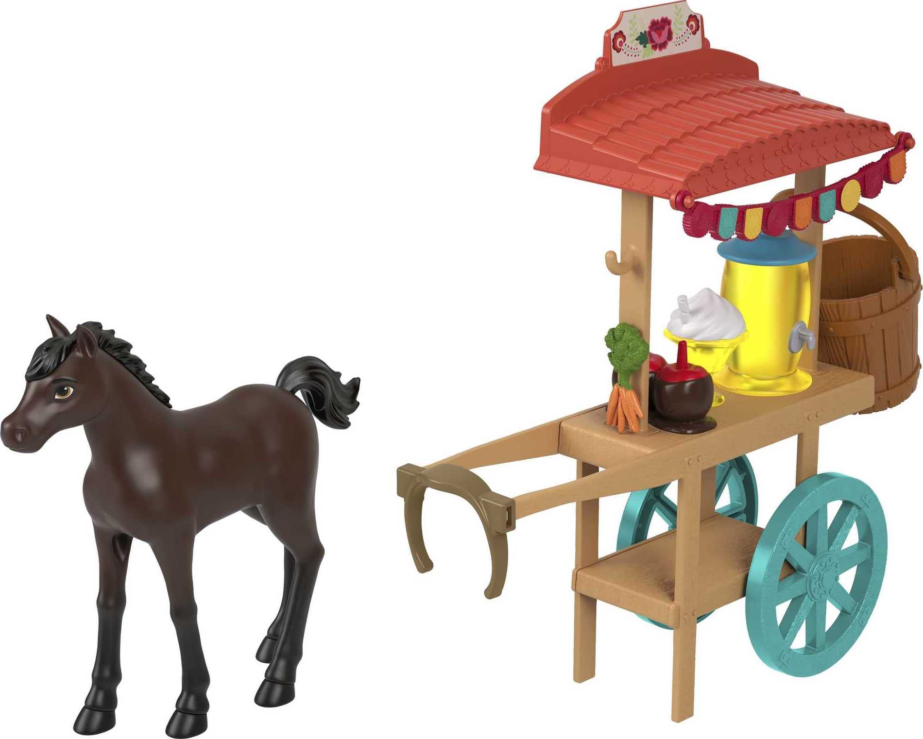 Mattel Spirit Untamed Miradero Snack Cart Toy with Rolling Wheels & Canopy - Includes 5-in Pony & Accessories - Perfect Gift for Kids Ages 3+ (Pink) - Ideal for Pretend Play, Outdoor Adventures & Birthday Presents