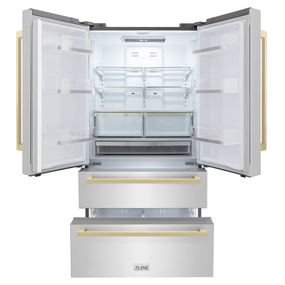 ZLINE Autograph Edition 36 Inch Counter Depth French Door Refrigerator - 22.5 cu.ft Capacity, Fingerprint Resistant Stainless Steel, Champagne Bronze Handles, Built-in Ice Maker - Perfect for Modern Kitchens & Open Concept Homes (RFMZ 36 FCB)