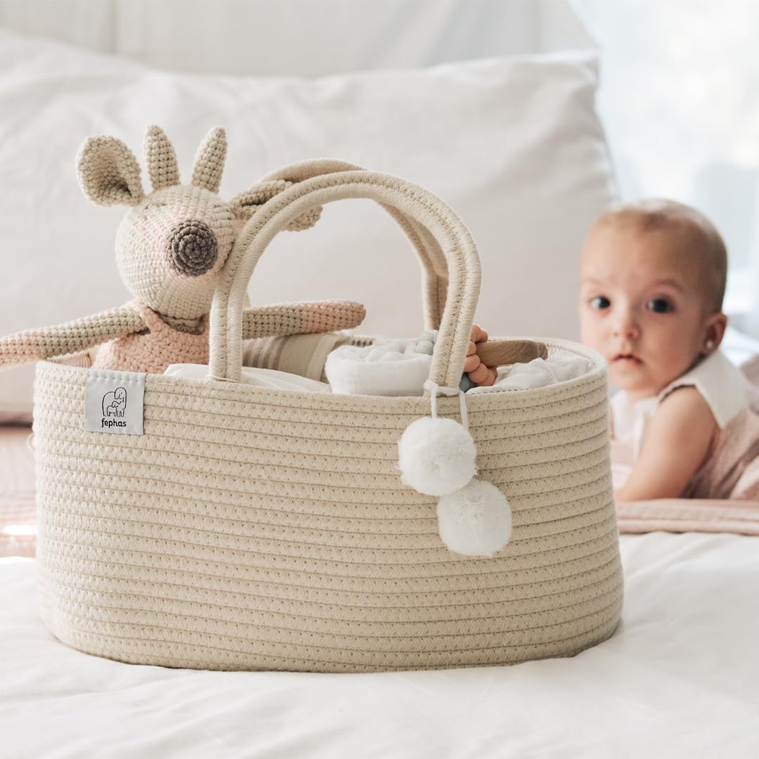 Portable Baby Diaper Caddy Organizer - Off White Rope Nursery Storage Bin for Changing Table & Car - Perfect Baby Shower Gift & Registry Essential - Ideal for Nursery Organization, Travel & On-the-Go Diaper Changes