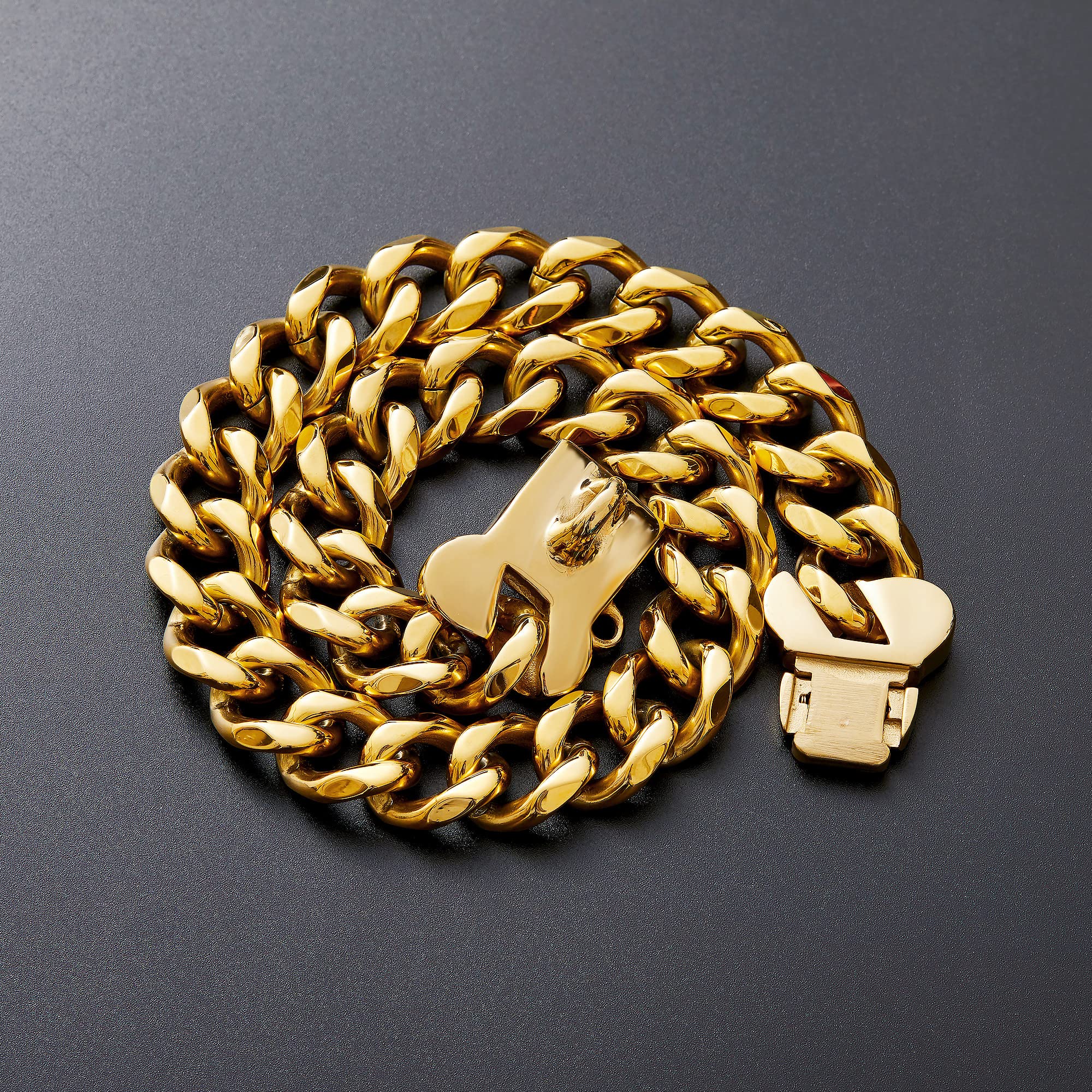 Stainless Steel Gold Cuban Link Dog Collar - Heavy Duty Pet Collar for Small, Medium & Large Dogs - Adjustable Safety Buckle - Perfect for American Bully, French Bulldog & More - Great for Daily Walks, Training & Fashion Accessories