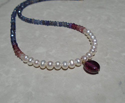 Genuine Iolite & Garnet Choker Necklace 4-4.5mm | Natural Ruby & Tourmaline Pearl Ombre Jewelry | Perfect for Weddings, Parties & Gift Giving
