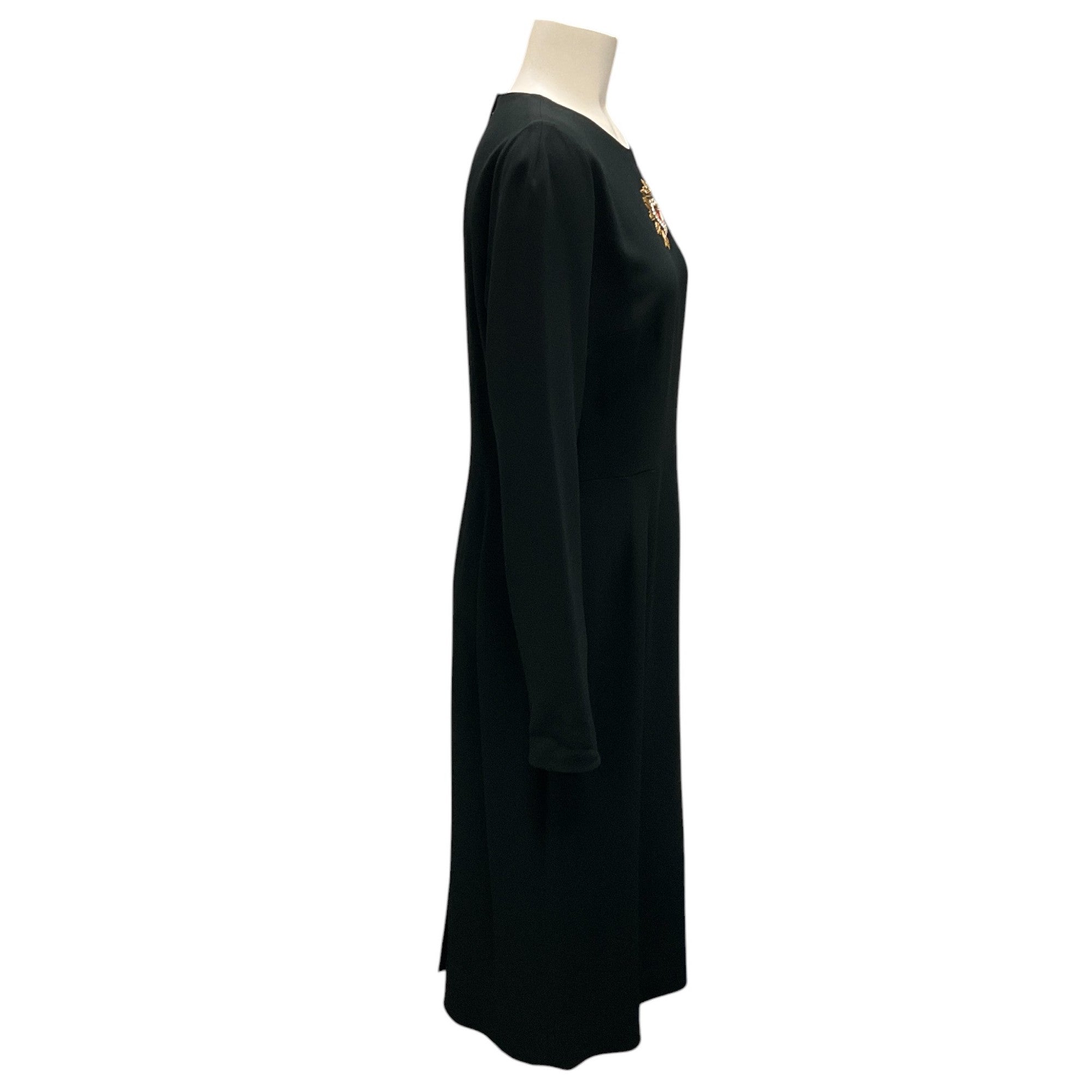 Dolce & Gabbana Black Heart Logo Patch Long Sleeve Crepe Midi Dress for Women | Elegant Party & Evening Wear | Perfect for Date Night, Cocktail Events & Special Occasions