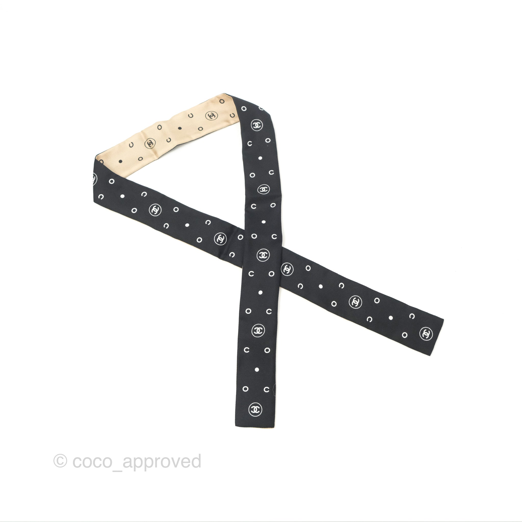 Chanel CC Silk Twilly Scarf in Black & Beige - Luxury Fashion Accessory for Women, Perfect for Handbags, Hair & Neck Styling