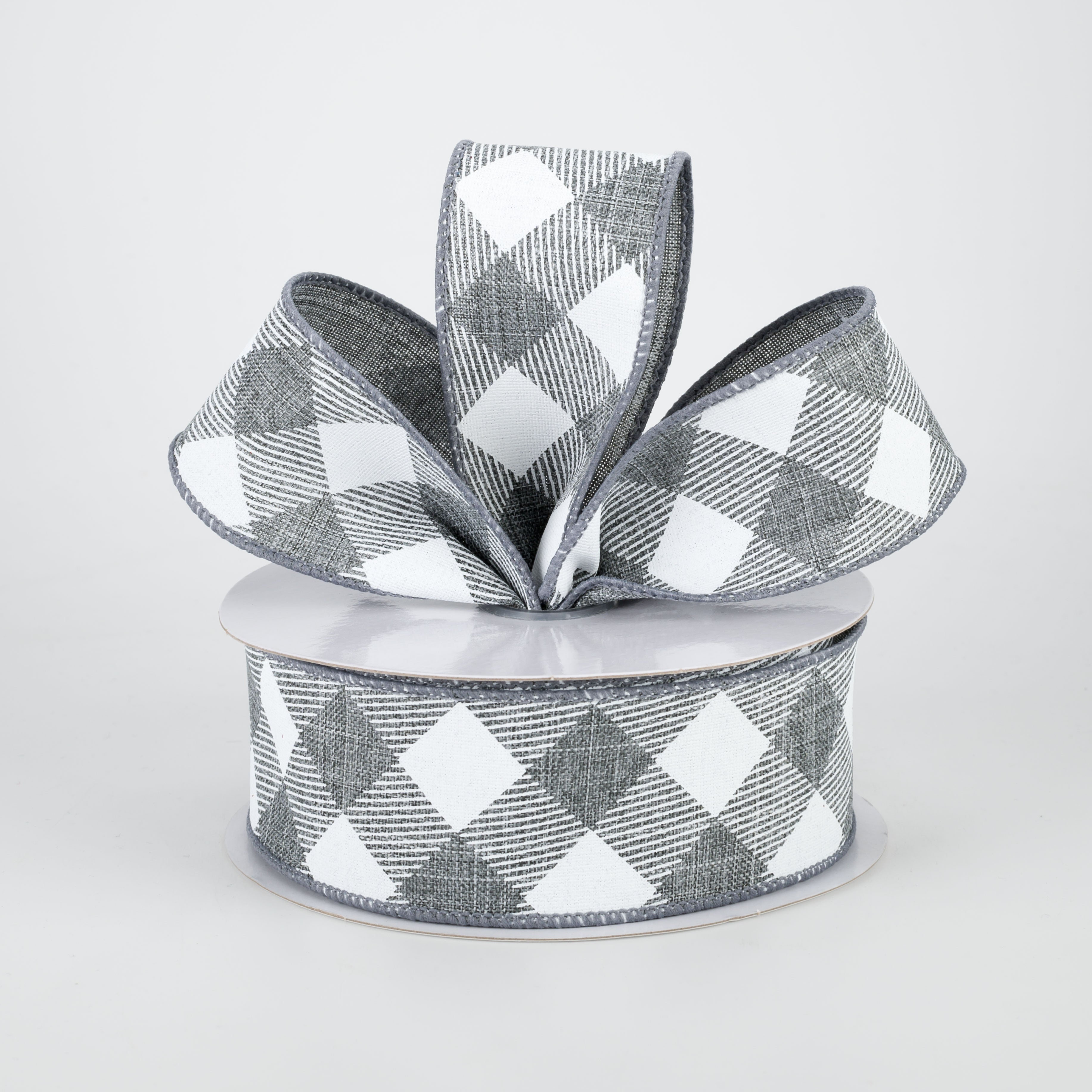 1.5 Inch Diagonal Check Ribbon - Grey and White Grosgrain Ribbon (10 Yards) for Gift Wrapping, Crafts, and DIY Projects