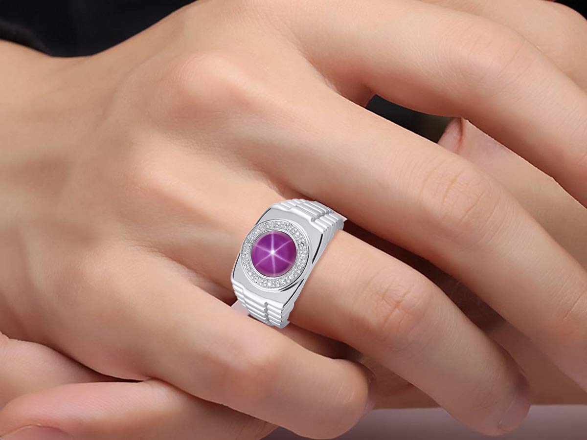 Rylos Men's Sterling Silver Round Cabochon Gemstone & Diamond Ring - Sizes 8-13, Designer Wedding Band & Fashion Jewelry for Gifts, Anniversaries & Special Occasions