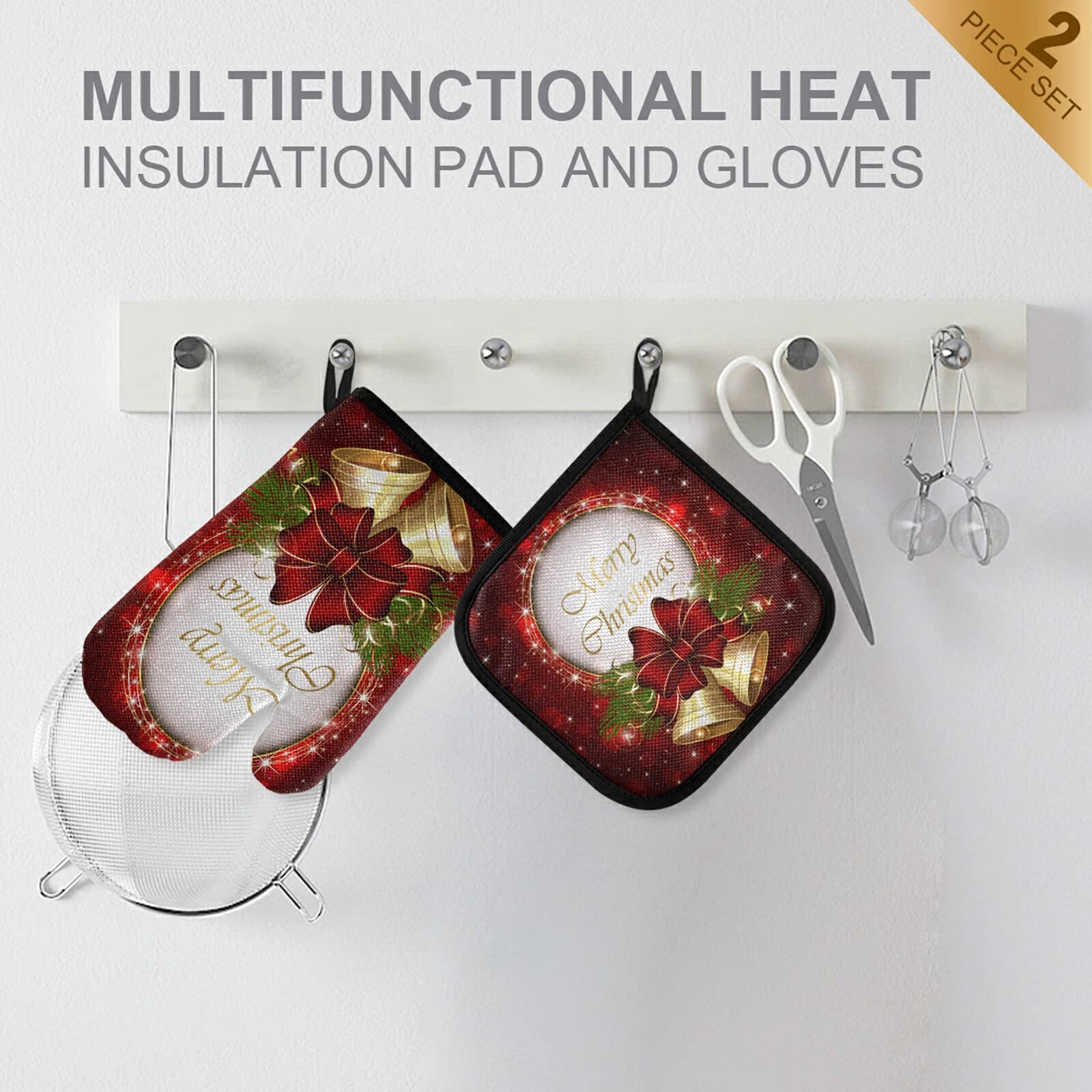 Aflyko Christmas Oven Mitt and Pot Holder Set - Heat Resistant Kitchen Gloves for Baking, BBQ, Grilling - Festive Holiday Decor with Bell Bow Snowflake Design - Perfect for Christmas Gifts, Home Cooking & Holiday Parties