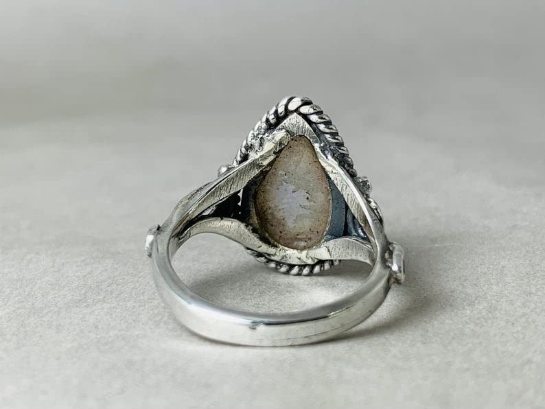 Natural Moonstone Ring - Sterling Silver Blue Fire Pear Rainbow Moonstone Jewelry - June Birthstone & Promise Ring for Women - Perfect for Gifts, Weddings & Everyday Wear (Size N 1/2)