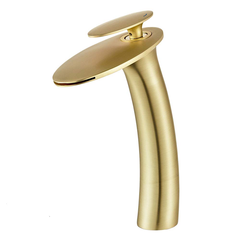 Matte Gold Single Handle Waterfall Bathroom Sink Faucet with Supply Hose - Tall Slanted Body Vessel Lavatory Mixer Tap for Modern Vanity, Powder Room & Spa Bathroom Decor