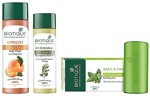 Biotique Bio Apricot Refreshing Body Wash 190ml & Bio Therapeutic Hair Oil for Hair Growth 120ml & Basil Parsley Revitalizing Body Soap 150g - Natural Skincare Set for Dry Skin, Hair Fall Treatment, Daily Body Cleansing - Perfect for Shower, Spa & Home Use