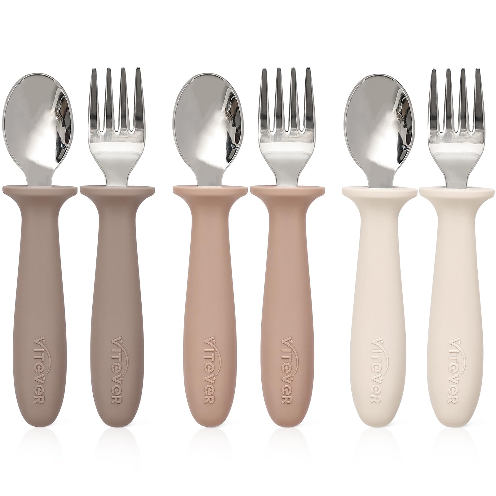 6-Piece Toddler Utensil Set with Silicone Handle - BPA-Free Kids Safe Spoons & Forks - 18/8 Stainless Steel & Food-Grade Silicone - Dishwasher Safe - Perfect for Baby-Led Weaning, Preschool Meals & Travel Feeding (Tan)