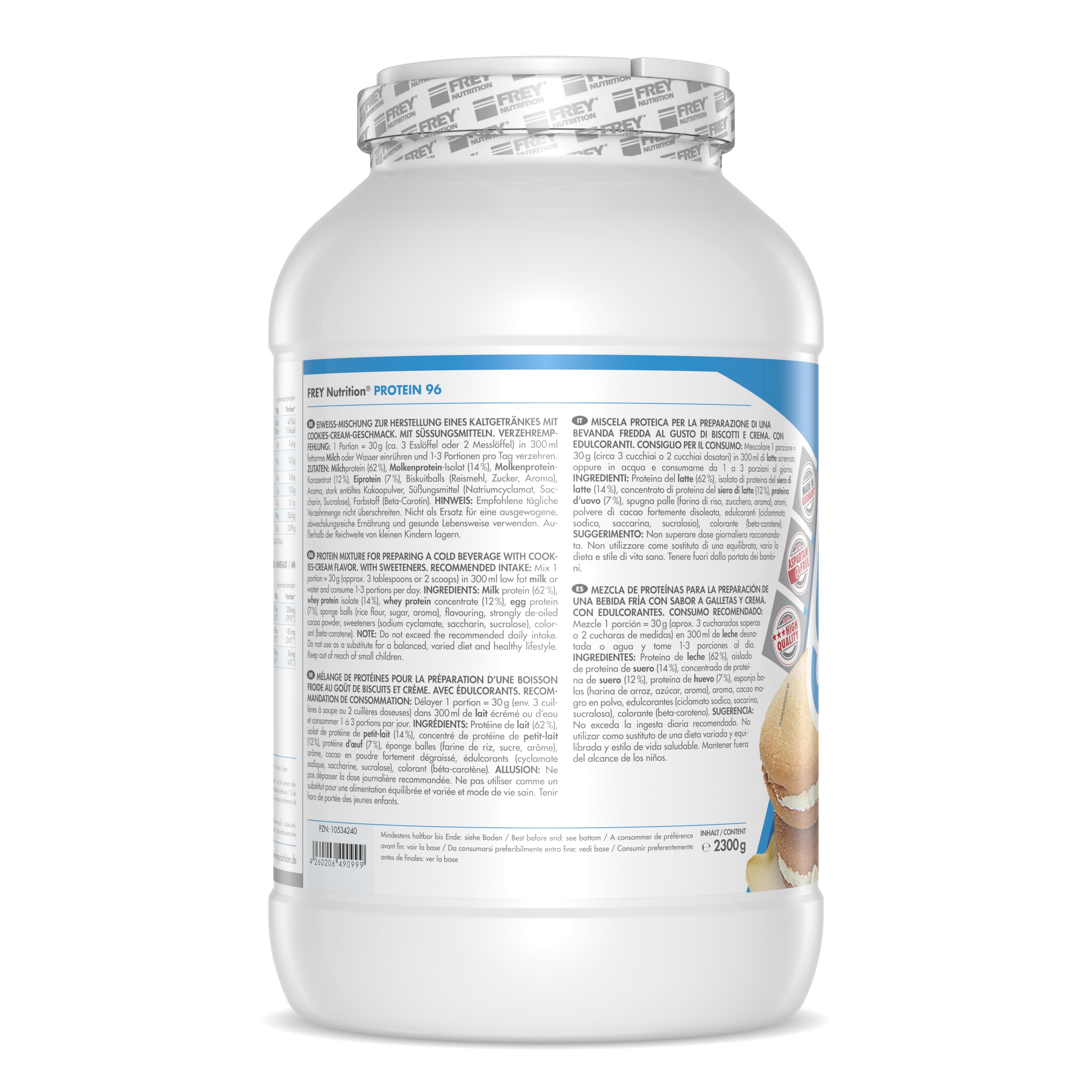 Frey Nutrition Protein 96 Cookies and Cream Powder - 2.3kg (5.07lb) Whey Protein Supplement for Muscle Growth & Recovery - Perfect for Post-Workout Shakes, Smoothies, and Baking