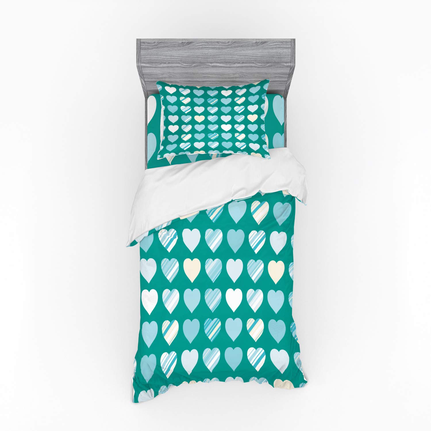 Ambesonne Romance Duvet Cover Set - Heart Lovers Design, 3-Piece Bedding Set with Pillow Sham & Fitted Sheet, Twin Size, Jade Green Seafoam Cream | Perfect for Valentine's Day, Anniversary Gifts & Couples Bedroom Decor