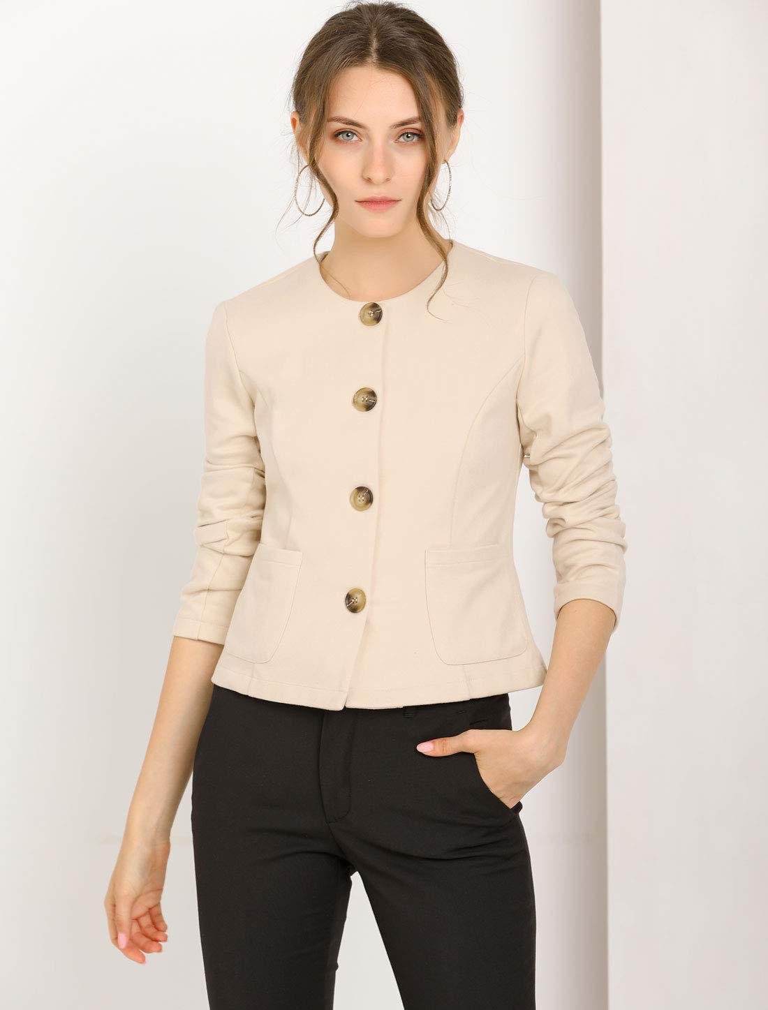 Allegra K Women's Cropped Blazer Jacket - Elegant Long Sleeve Button Down Office Blazer for Spring | Casual Work Wear & Business Attire | Perfect for Office, Meetings, and Professional Events