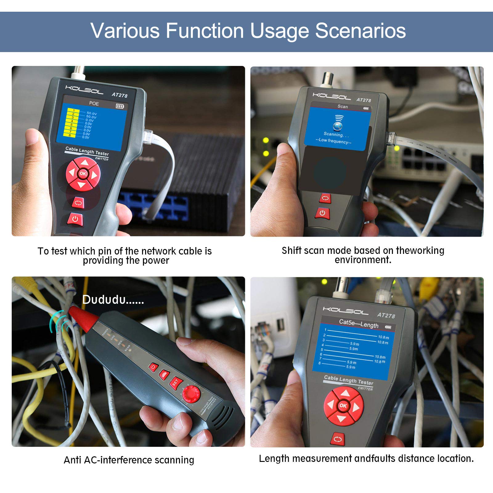 Professional Network Cable Tester - AT226-C NF-8601W LAN Ethernet Tester for RJ45/RJ11/BNC, UTP/STP Cable Diagnostics, Tone Tracer, Length Measurement & POE/PING Detection - Ideal for IT Technicians, Network Installations & Home Office Setups