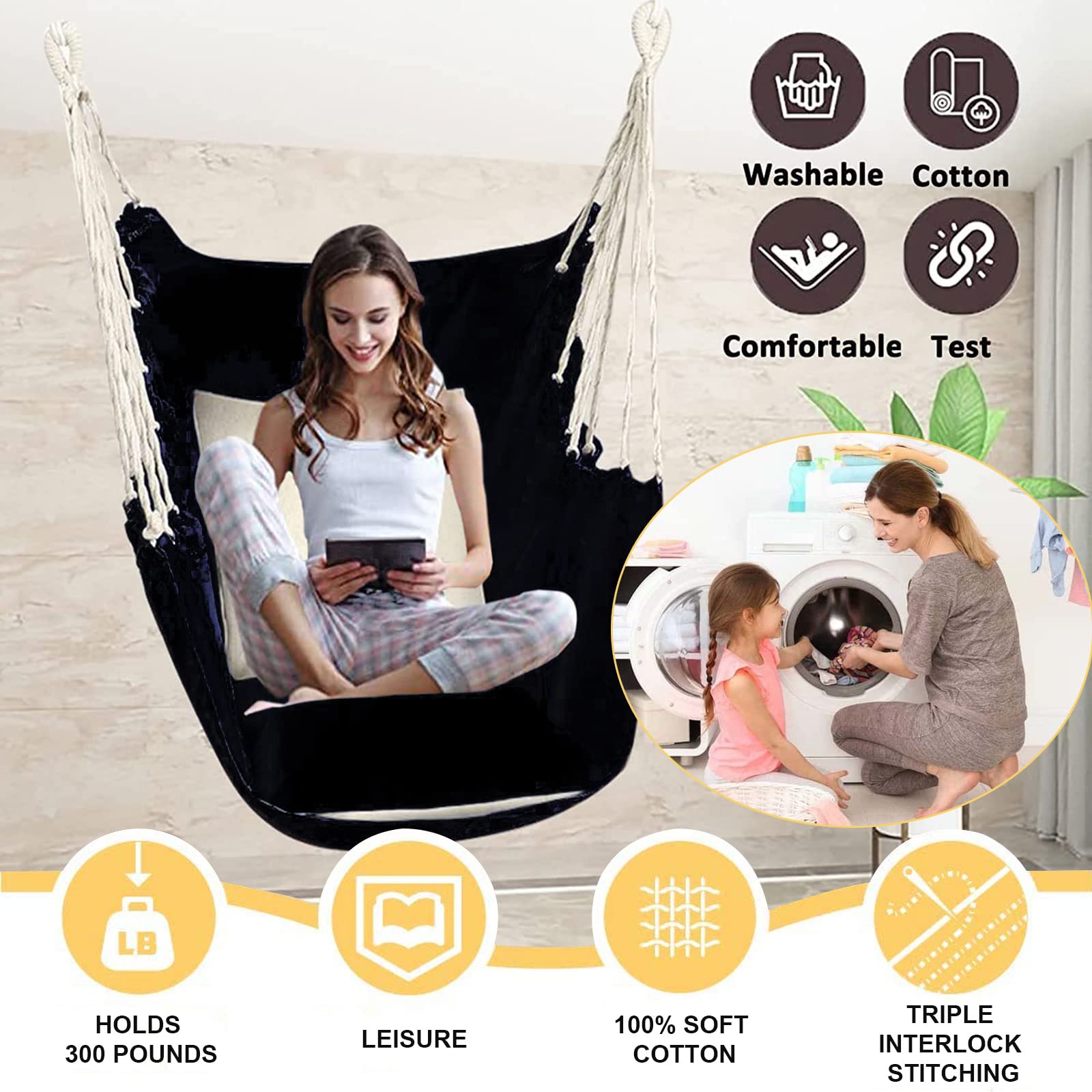 Premium Hammock Chair with 2 Removable Zippered Cushions & Rope Swing - Indoor/Outdoor Hanging Chair Supports 330 lbs - Perfect for Patio, Garden, Balcony & Bedroom Relaxation (Includes 2 S-Hooks)