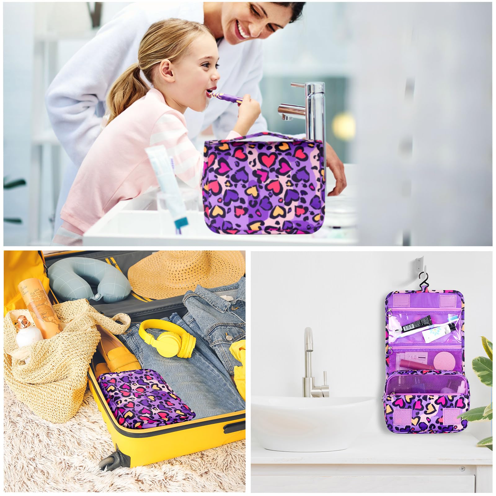 Waterproof Leopard Print Hanging Toiletry Bag for Girls - Travel Cosmetic Organizer for Kids, Toddler Wash Bag with Hook - Perfect for School Trips, Sleepovers & Family Vacations (Purple)