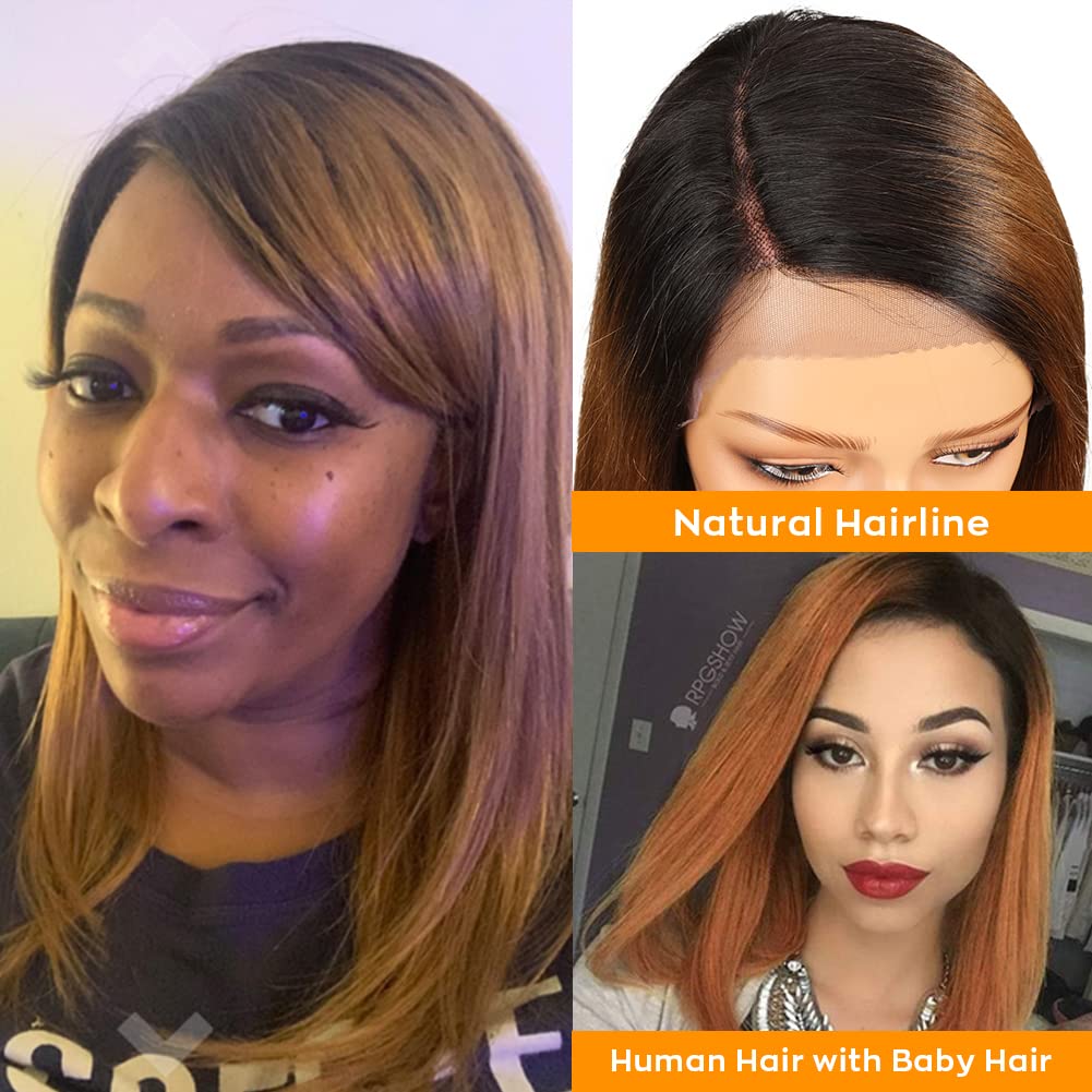 18 Inch 150% Density Ombre Brown Straight Human Hair Lace Front Wigs with Baby Hair for Black Women - Natural Look Spotlight Wigs (TT1B/30 Color) | Perfect for Daily Wear, Parties & Special Occasions