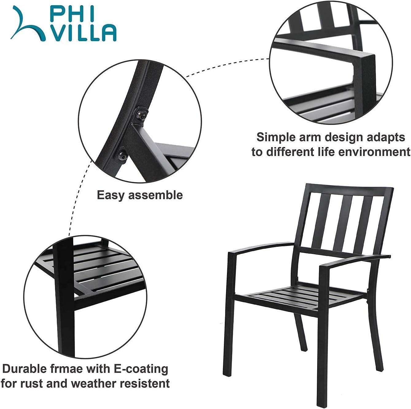PHI VILLA Wrought Iron Patio Dining Chairs - Set of 2 Stackable Black Metal Bistro Chairs for Indoor & Outdoor Use, Garden, Lawn, Deck - Supports 300 lbs - Perfect for Backyard Dining, Poolside Relaxation, and Outdoor Entertaining