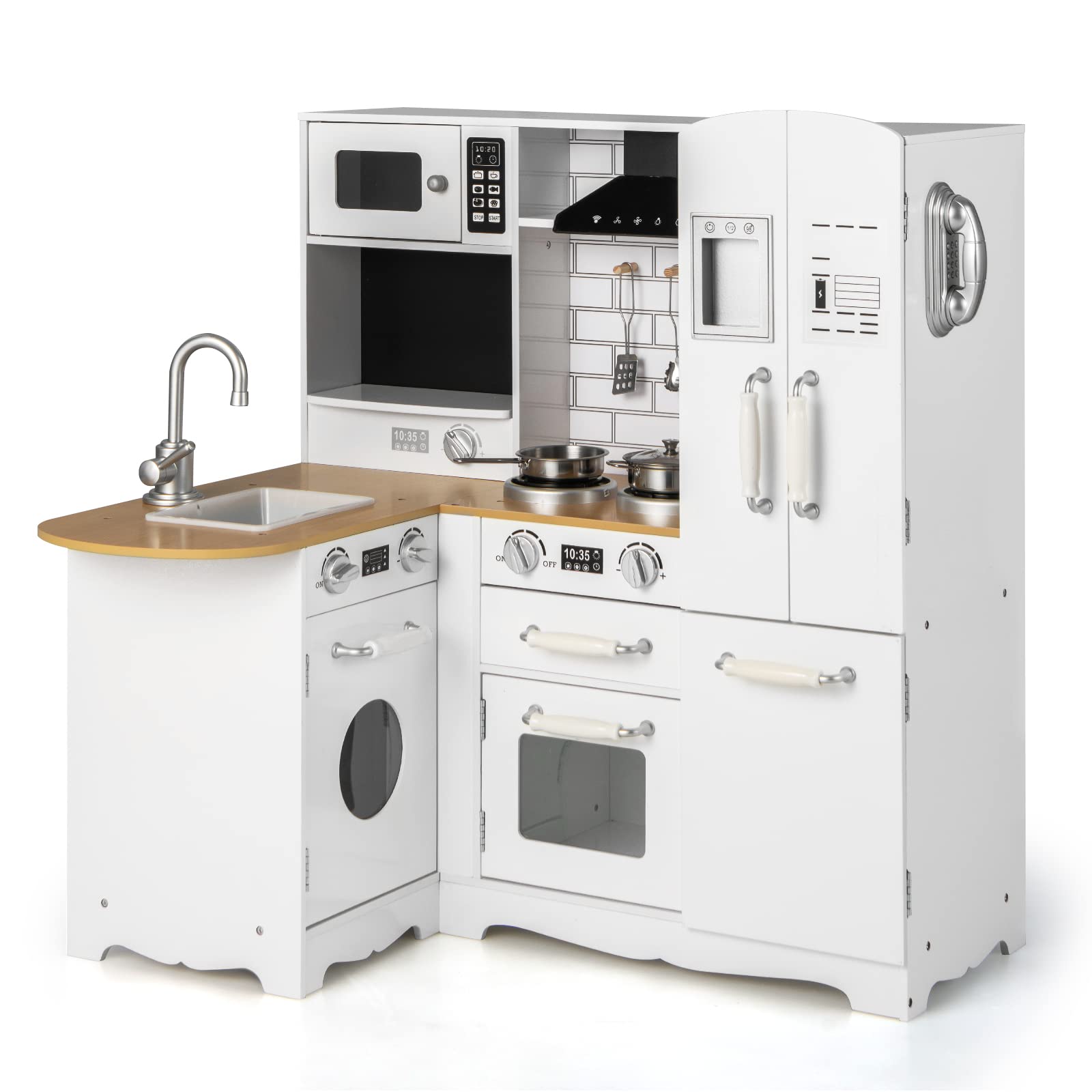 HONEY JOY Wooden Play Kitchen Set for Toddlers - Pretend Play Toy with Microwave, Refrigerator, Water Dispenser & Cookware - Little Chef Role Play Kitchen for Boys & Girls - Perfect for Home, Preschool & Daycare Pretend Cooking Activities
