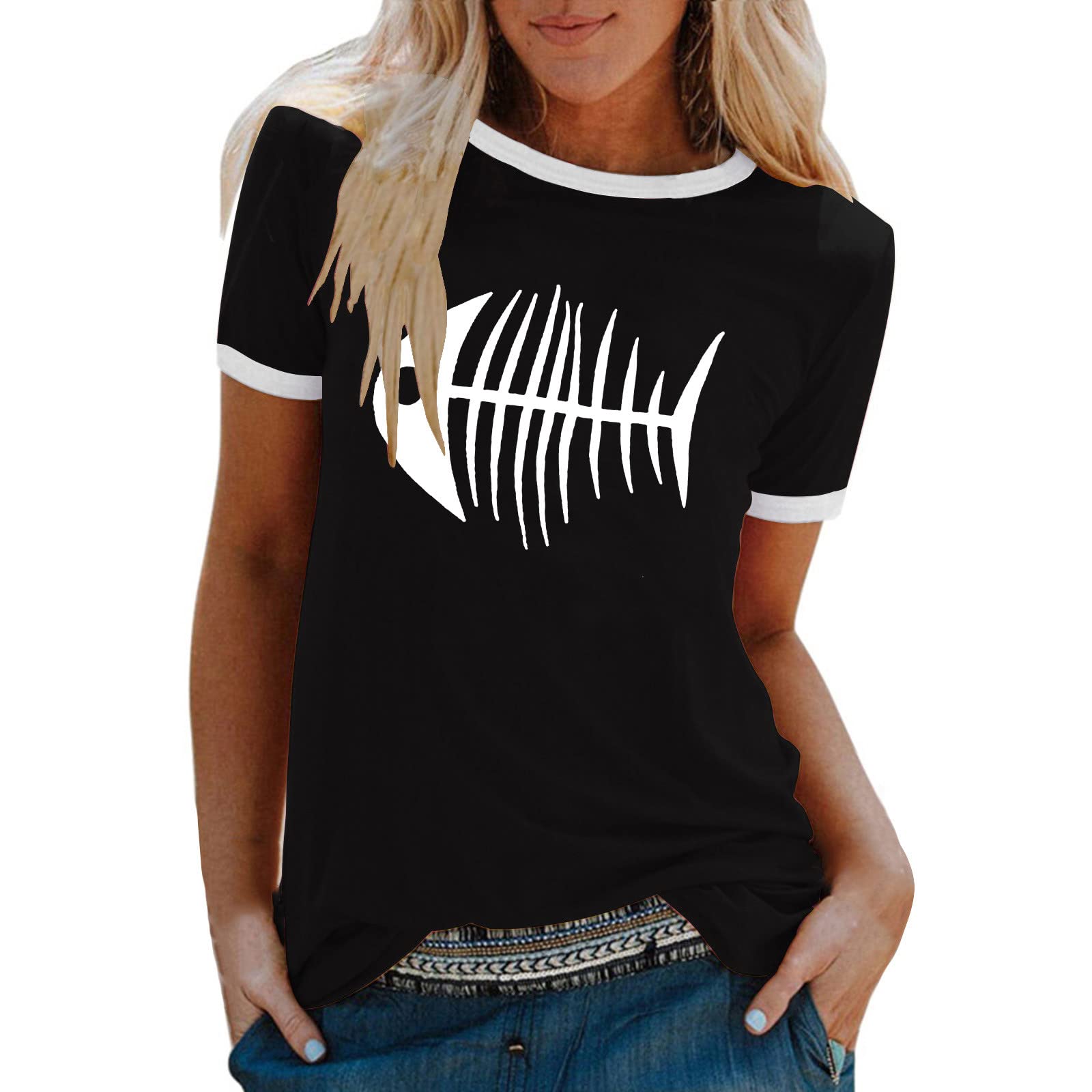 Funny Fish Graphic Tee - Women's Cute Summer Tops, Casual Crew Neck Short Sleeve Shirt, Loose Fit Blouse for Teen Girls | Beach Outing, Vacation Wear, Casual Everyday Outfit