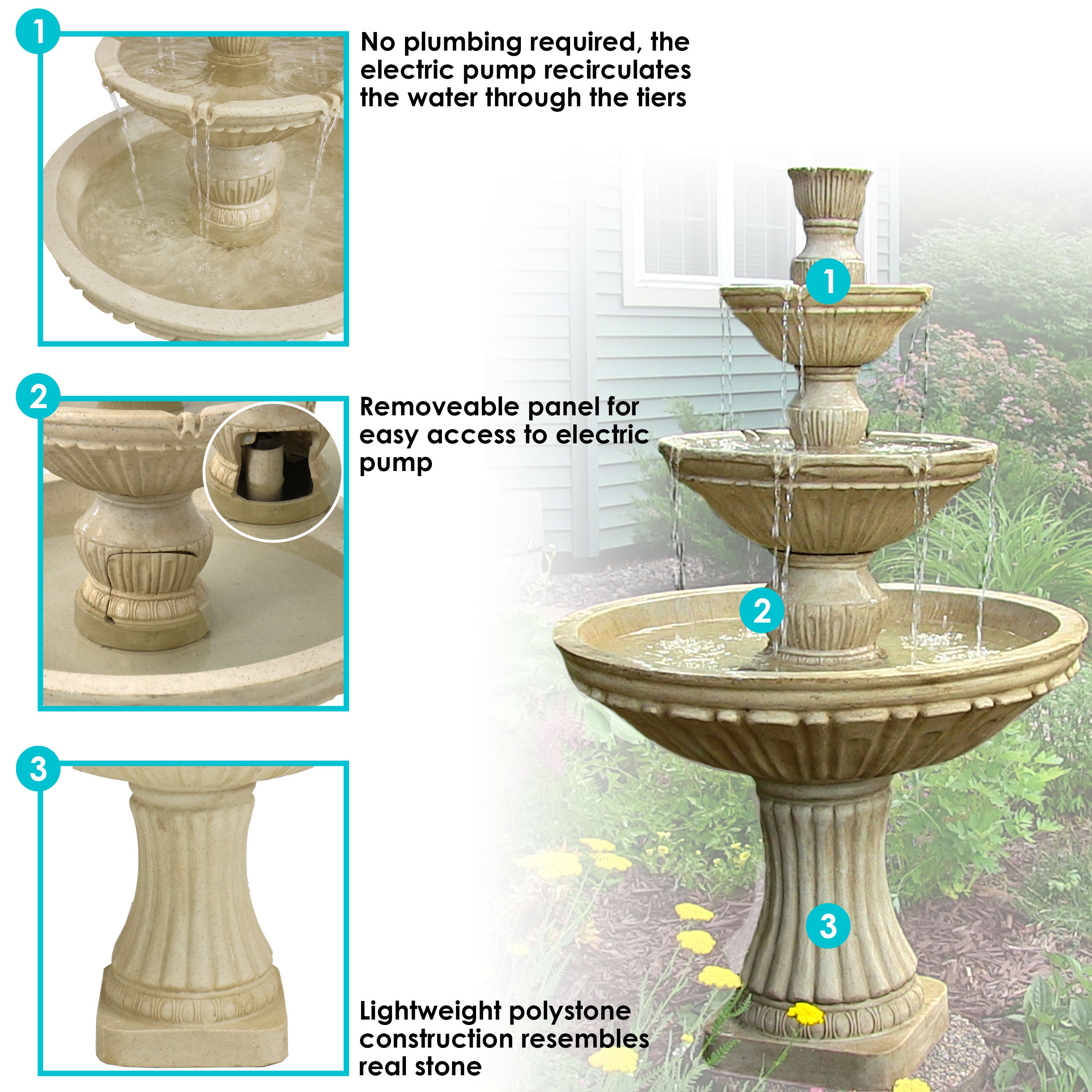 Sunnydaze Classic Designer 3 Tier Outdoor Water Fountain - 55 Inch Tall Garden Decor for Patio, Yard, and Landscape - Relaxing Water Feature for Backyard, Porch, and Outdoor Living Spaces
