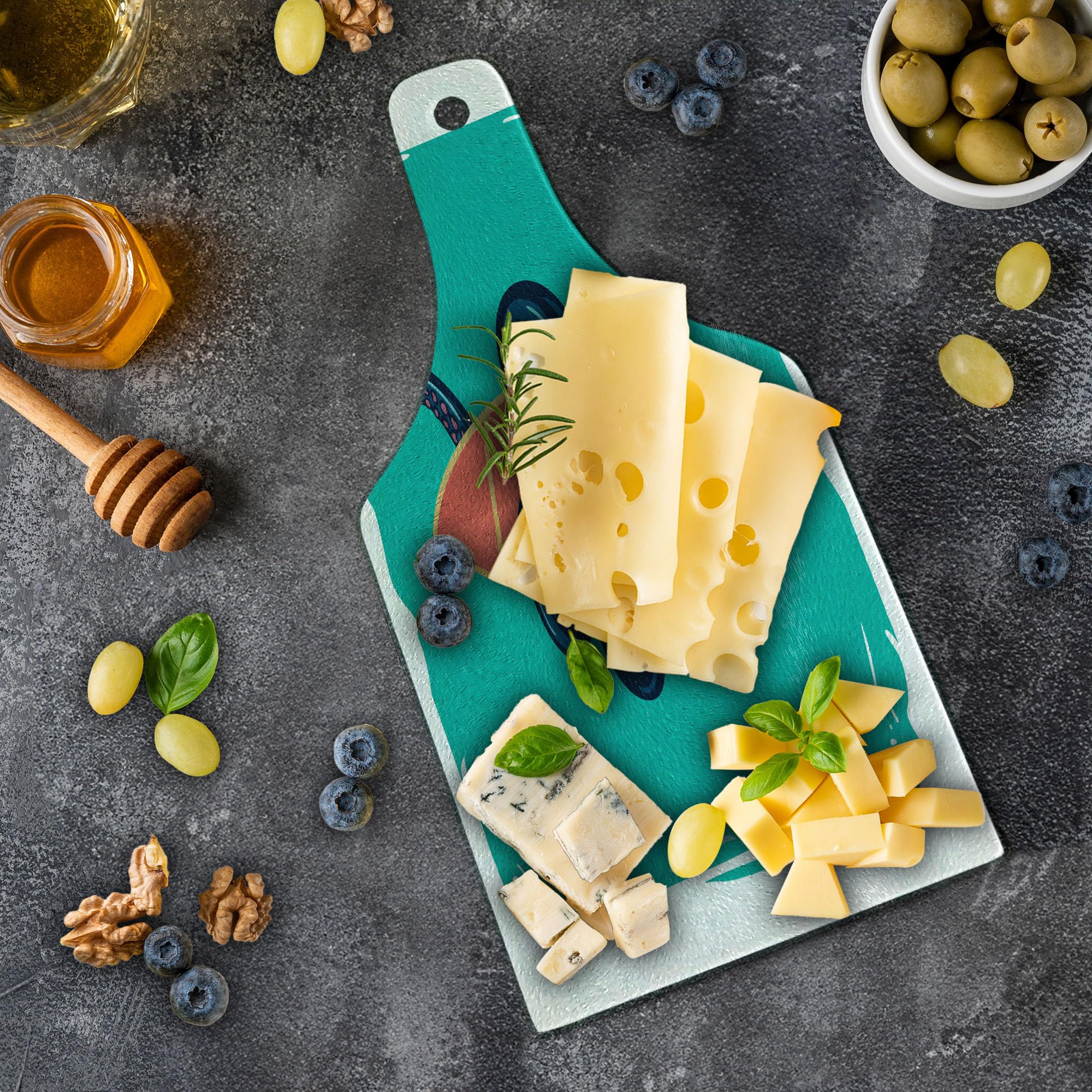 Lunarable Octopus Cutting Board - Tempered Glass Serving Board with Water Sports Retro Design, Wine Bottle Shape in Teal & Orange - Perfect for Kitchen Prep, Charcuterie, and Party Entertaining