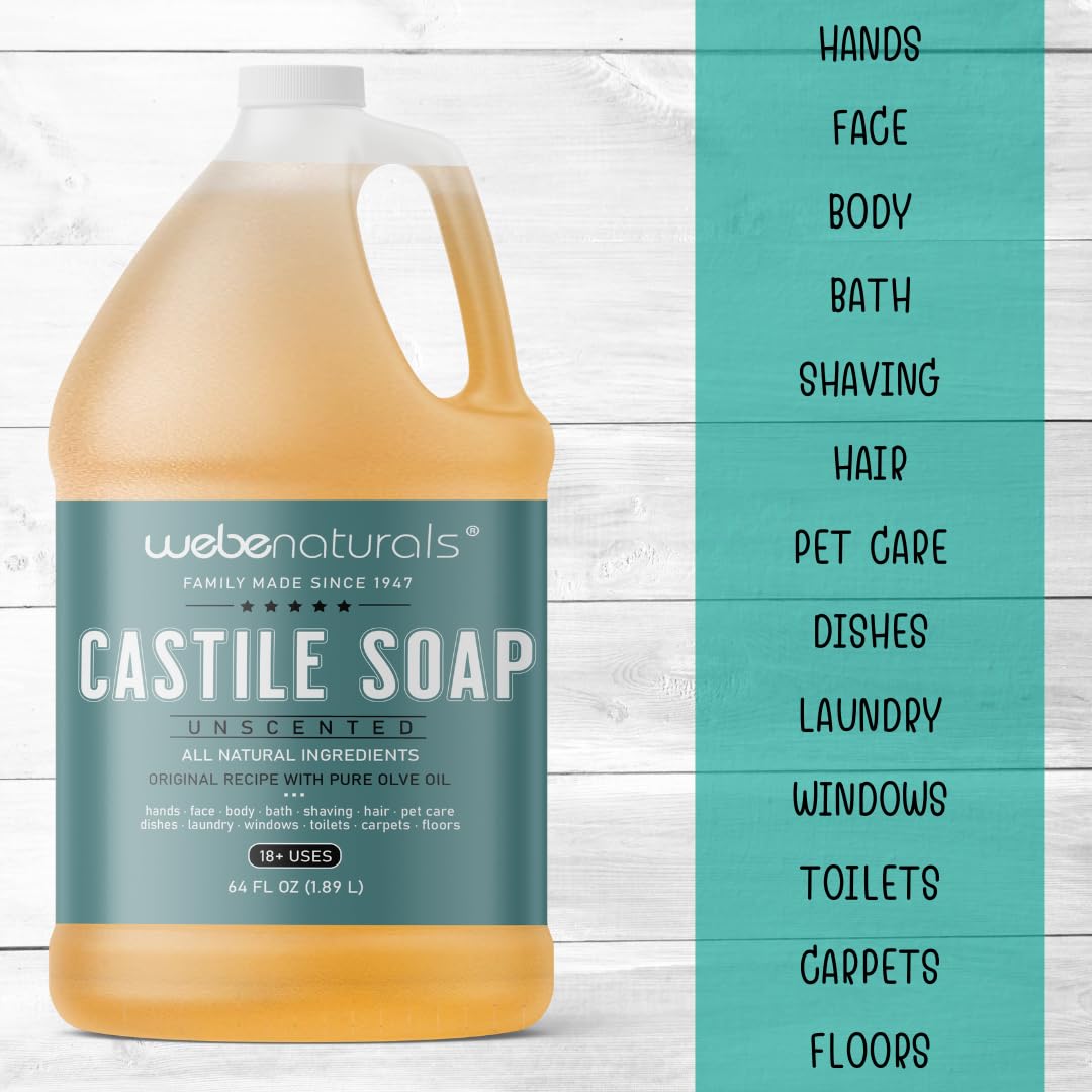 WEBE Pure Unscented Castile Liquid Soap Refill, 64 Ounce | Vegan, Gluten Free, Non-GMO, Cruelty Free | For Face, Body Wash, Dishes, Pets & Laundry | Perfect for Home, Travel & Eco-Friendly Cleaning