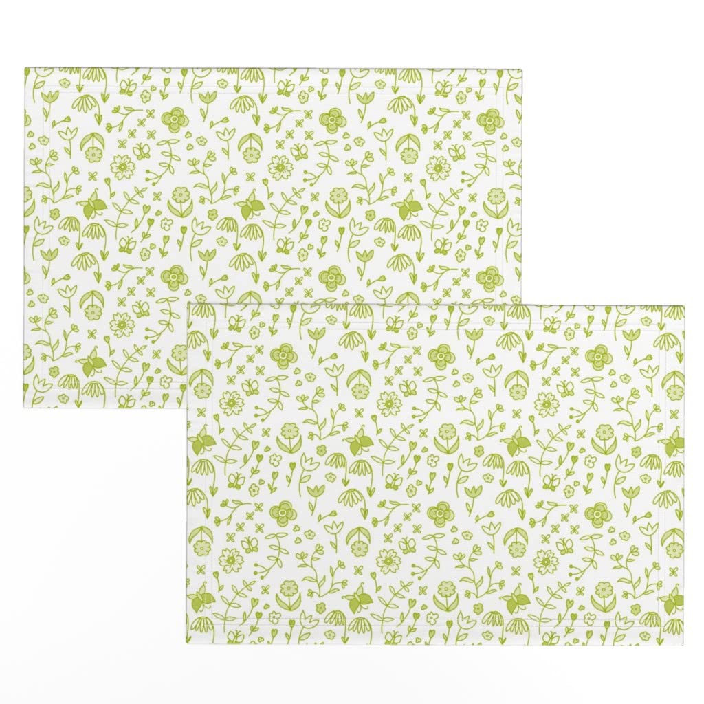 Spoonflower Linen Cotton Canvas Placemats Set of 2 - Floral Green Butterflies Botanical Print Table Mats for Dining Room Decor, Kitchen Table Setting, and Party Tableware