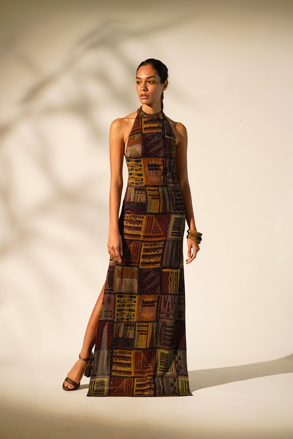 Stylish Multicolor Abstract Print Halter Neck Dress with Baroque Metallic Embellishments - Perfect for Cocktail Parties, Date Nights & Summer Vacations