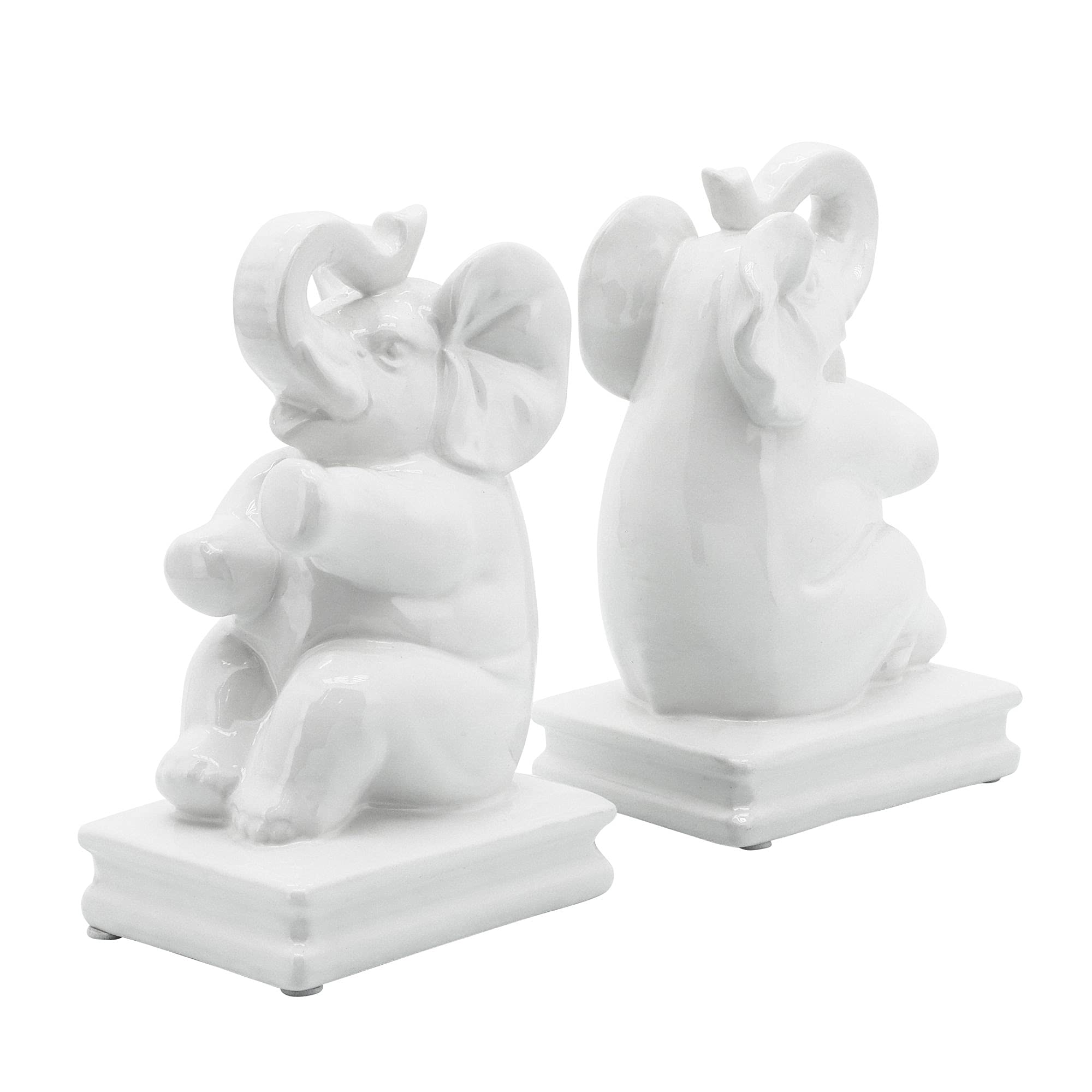 Kingston Living Set of 2 White Ceramic Elephant Bookends 6.5