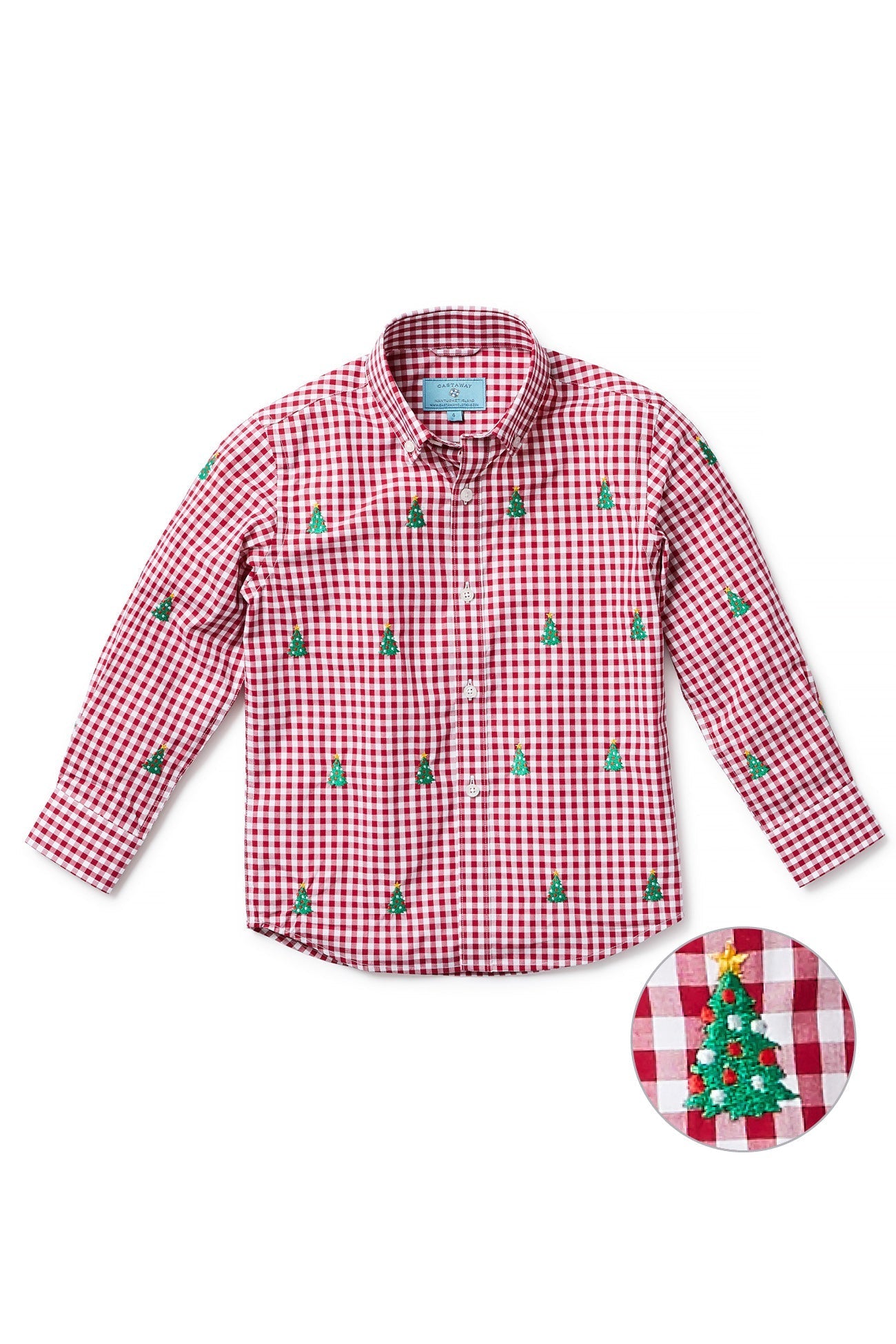 Boys' James Shirt - Red Wide Gingham Check with Christmas Tree Design - Perfect for Holiday Parties & Family Photos