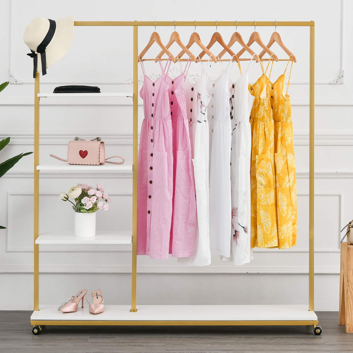 BOSURU 4-Tier Wood Shelf Gold Clothing Rack - Freestanding Modern Garment Display Stand with Wheels for Boutique & Retail Stores | Perfect for Home Closet Organization, Bedroom Storage & Commercial Apparel Displays