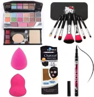 TYA Mini 5024 Professional Makeup Kit for Women & Girls - 7 Black Makeup Brushes, Charcoal Peel-Off Mask, 36H Eyeliner & 2 Pink Beauty Blenders (12-Piece Set) | Perfect for Travel, Birthday Gifts & Makeup Beginners