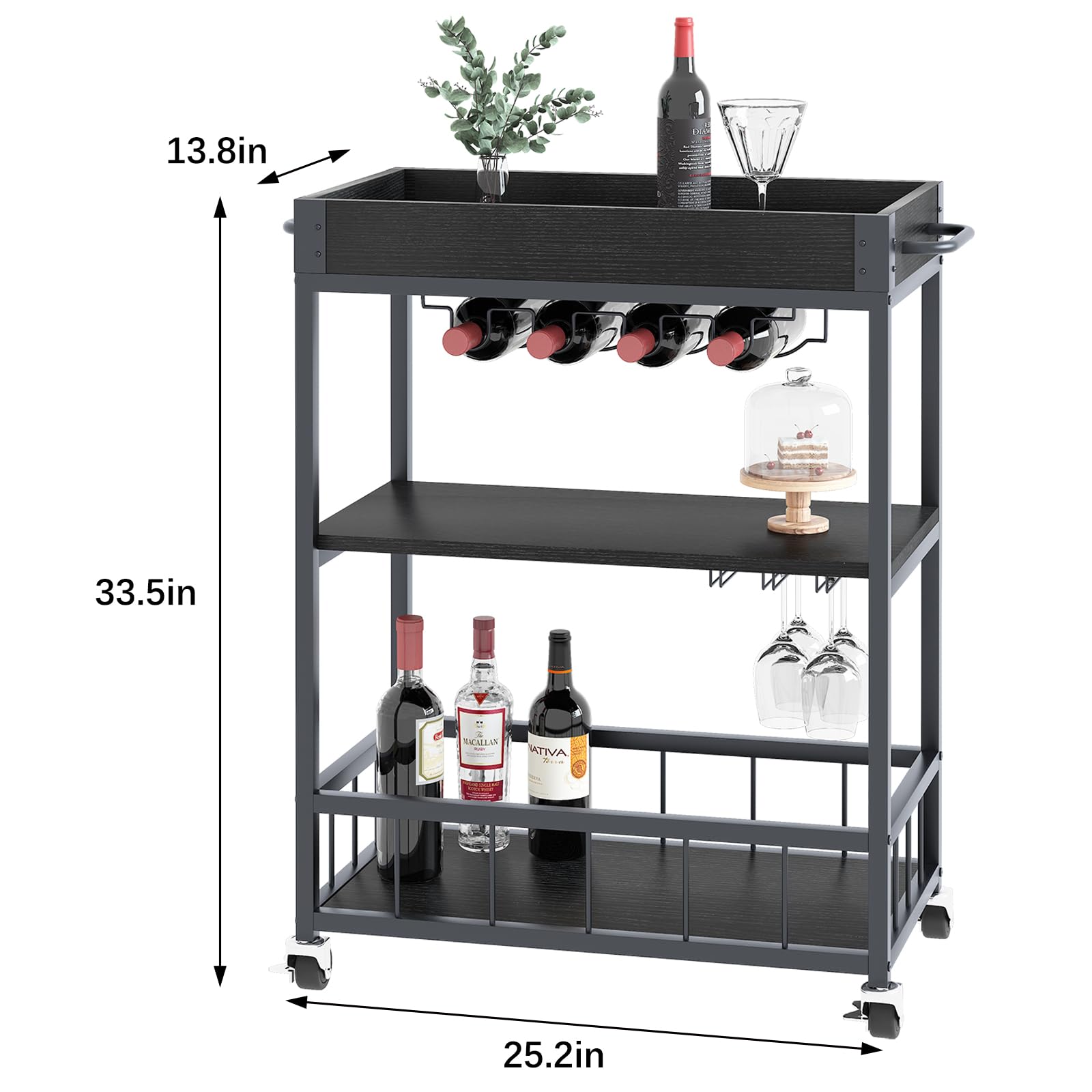 Vintage Style 3-Tier Bar Cart with Wheels - Mobile Serving Cart for Wine, Drinks & Kitchen - Wood & Metal Rolling Trolley for Living Room, Dining Room & Home Entertaining
