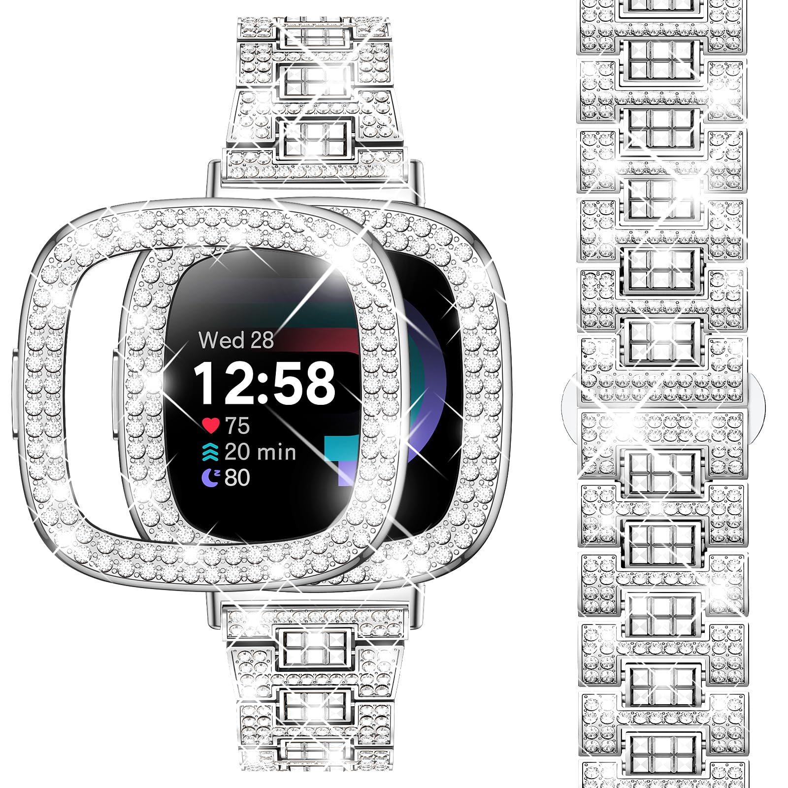 Dsytom Bling Stylish Watch Band - Compatible with Fitbit Versa 4/3, Sense 2/1 - Rhinestone Bracelet Strap with Protective Case Cover for Women | Elegant Accessory for Work, Party & Everyday Wear