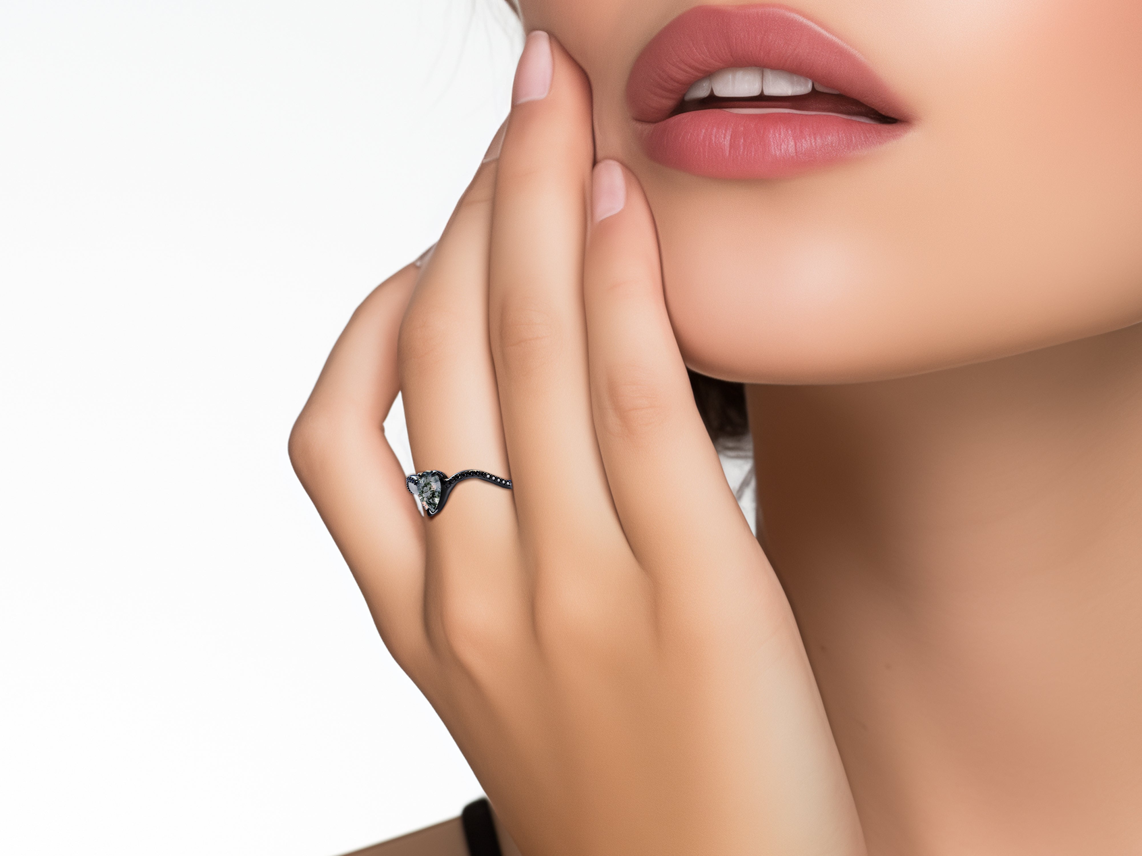 Art Deco Style Moss Agate Teardrop Ring with Black Diamonds - Elegant Vintage Jewelry for Women, Perfect for Weddings, Parties & Special Occasions