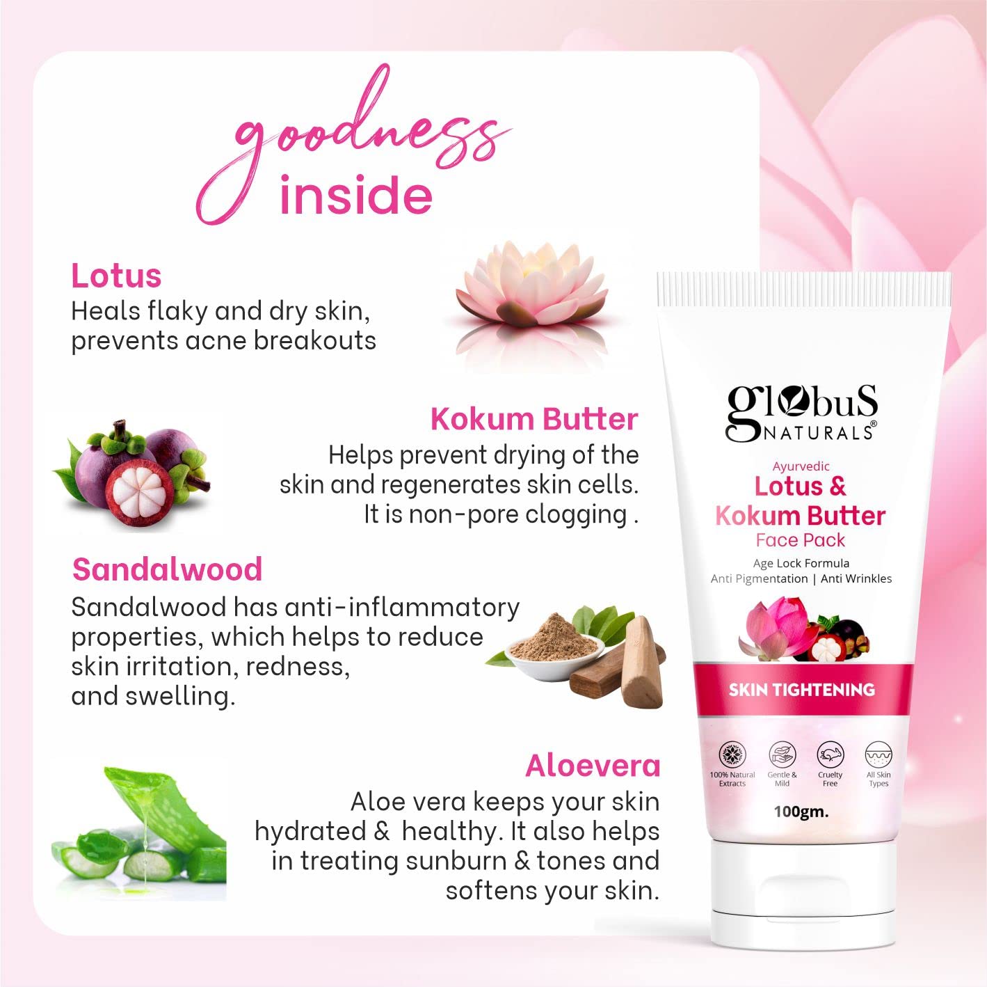 Globus Naturals Anti-Aging Combo Set - Lotus Kokum Butter Face Pack 100g & Cucumber Toner 100ml for Youthful Skin | Hydrating & Brightening Skincare Routine for Day & Night Use