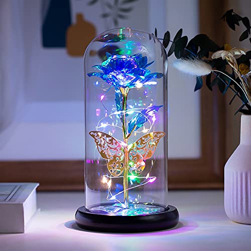 Hopishy LED Romantic Simulation Rose Flower in Glass Dome - Red Silk Rose with LED Light & Fallen Petals on Wooden Base - Home Decor, Valentine's Day & Anniversary Gift (Blue) | Perfect for Romantic Proposals, Wedding Centerpieces & Bedroom Decor