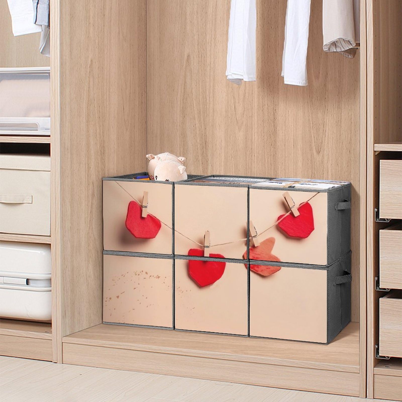 6-Pack Red Heart Paper Cut Collapsible Storage Bins with Handles - Large Closet Organizer Baskets for Clothes, Toys & Home Organization | Perfect for Bedroom, Nursery & Dorm Storage Solutions