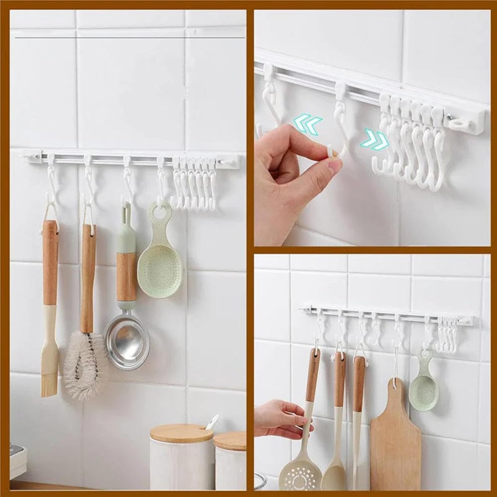 10-Pack Multifunctional Slide Rail Hooks - No Drill Adhesive Wall Hooks for Kitchen, Bathroom & Bedroom - Space Saving Utensil Rack (30cm/11.8in) - Perfect for Organizing Sponges, Towels & Cooking Tools