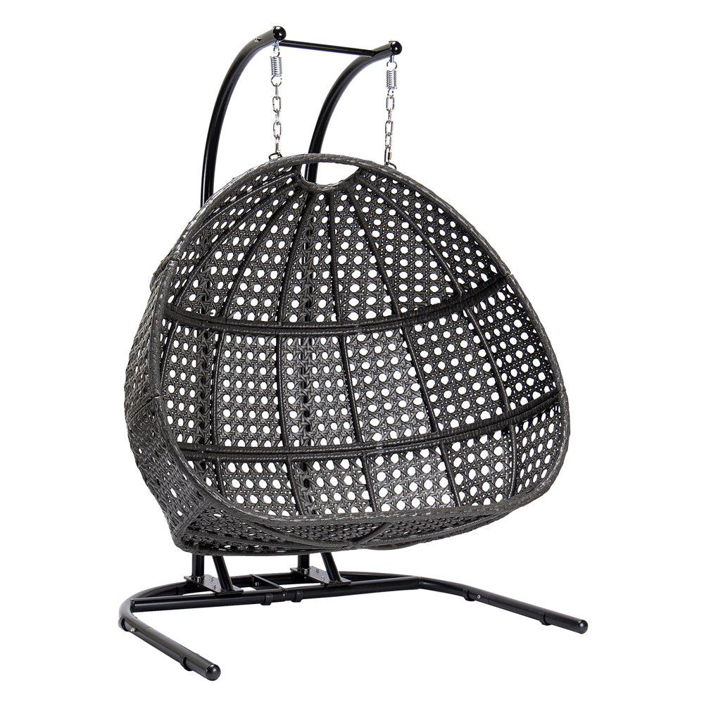 Outdoor Charcoal Wicker Hanging Double Seat Swing Chair with Stand & Dust Blue Cushion - Perfect for Patio, Garden, Backyard Relaxation