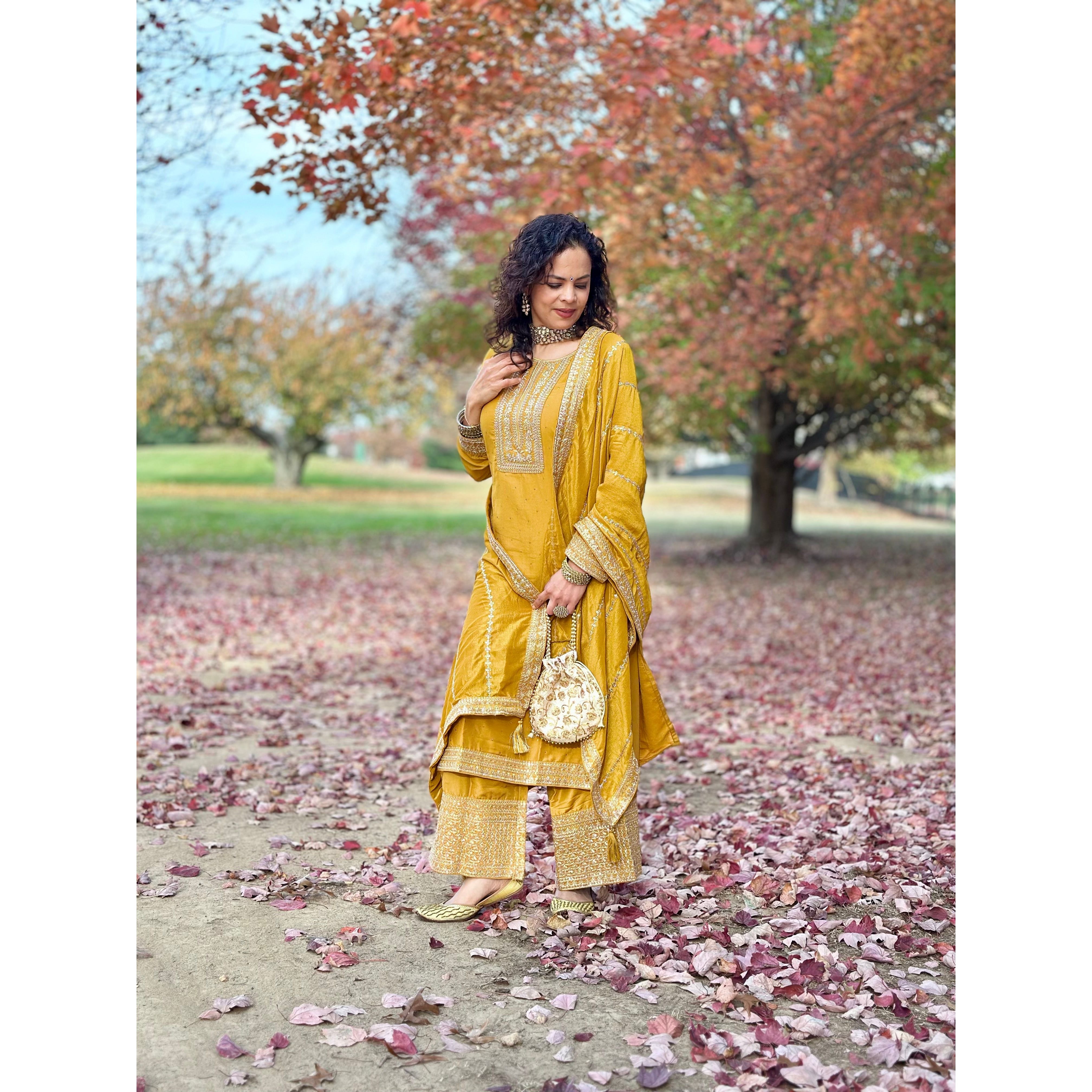 Mustard Yellow Silk Blend Suit Set for Women | Elegant Festive Outfit for Diwali, Weddings & Special Occasions | Breathable & Comfortable Party Wear
