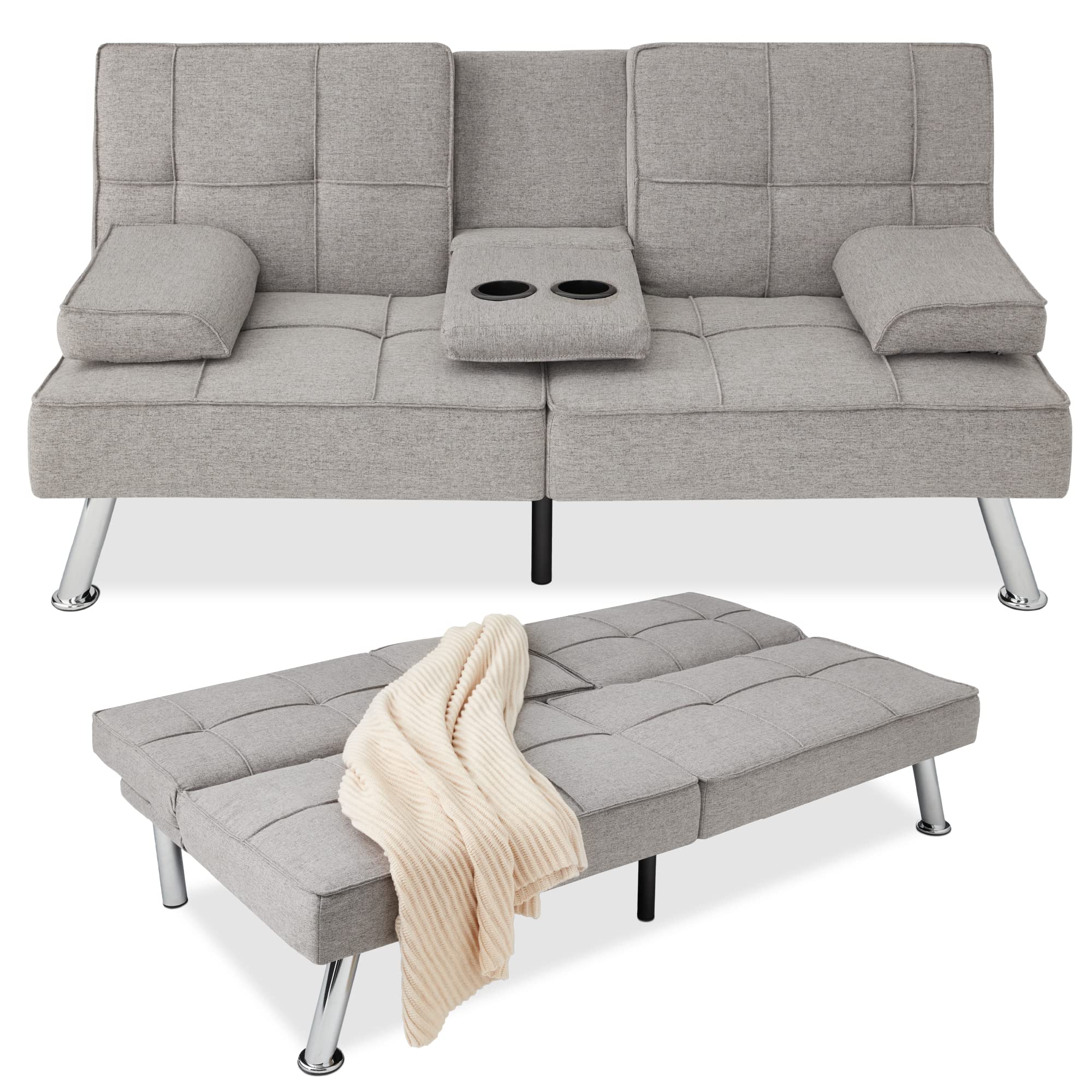 Best Choice Products Modern Folding Futon Sofa Bed - Light Gray Linen Recliner with Removable Armrests & 2 Cup Holders for Small Spaces, Apartments, Dorms | Perfect for Guest Beds, Lounging & Studio Living