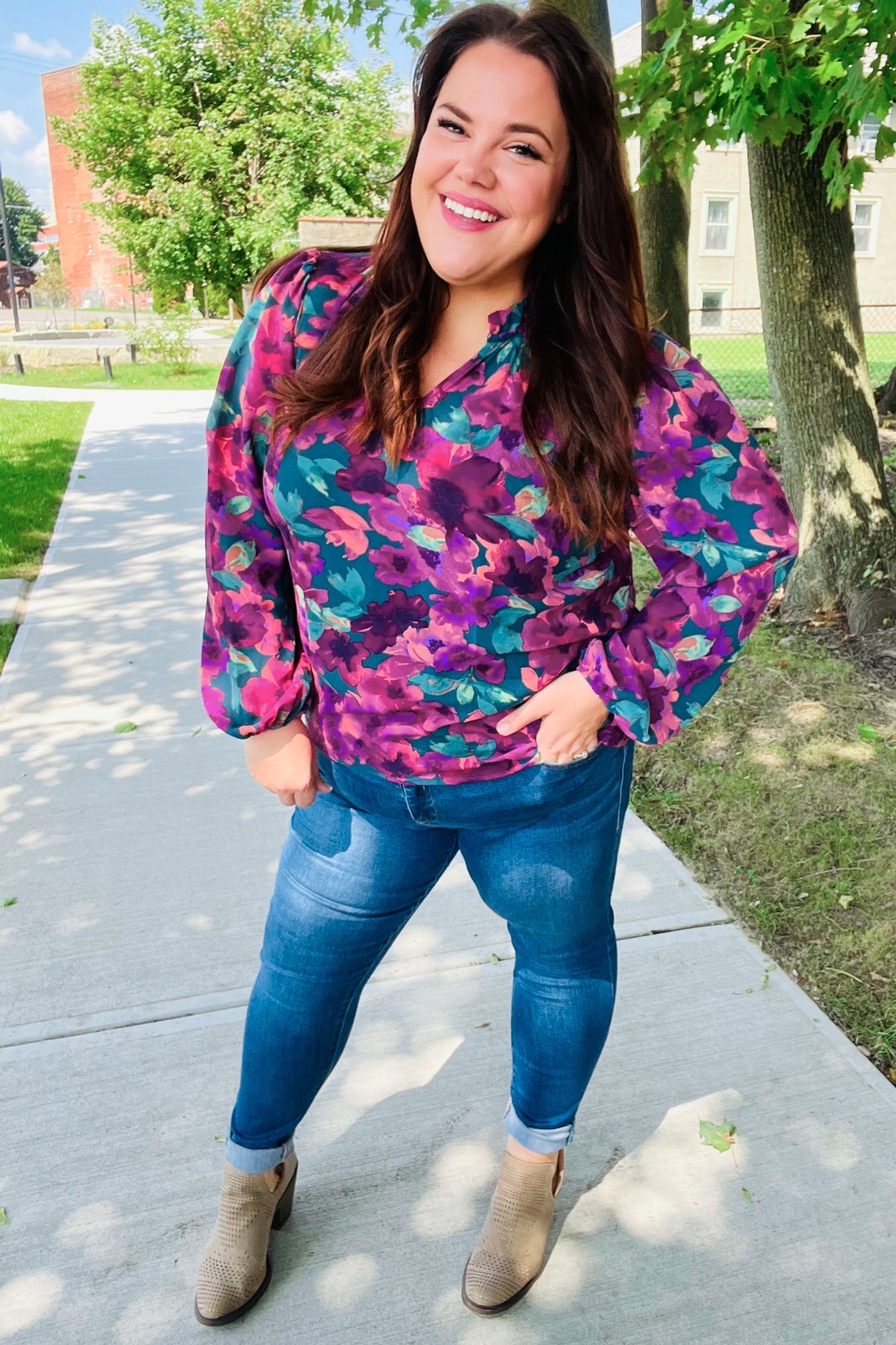 Stylish Hunter Green Watercolor Floral Print Notch Neck Blouse - Elegant Women's Tops for Casual Wear, Office Outfits & Spring Fashion
