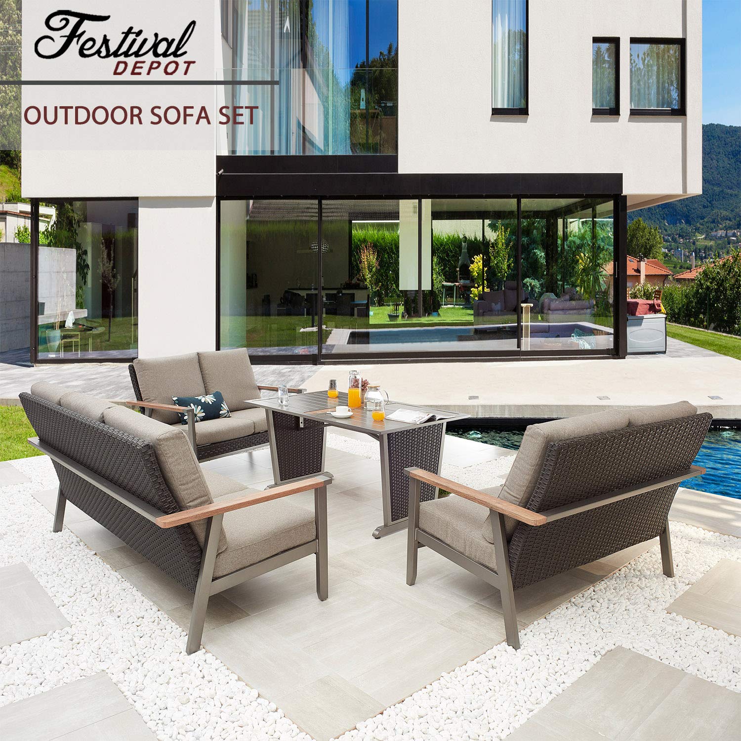 Festival Depot Patio Loveseat with Wicker Back & Thick Cushions - Metal Frame Outdoor Furniture for Garden, Deck, Backyard - Dark Grey - Perfect for Relaxing, Entertaining & Outdoor Lounging