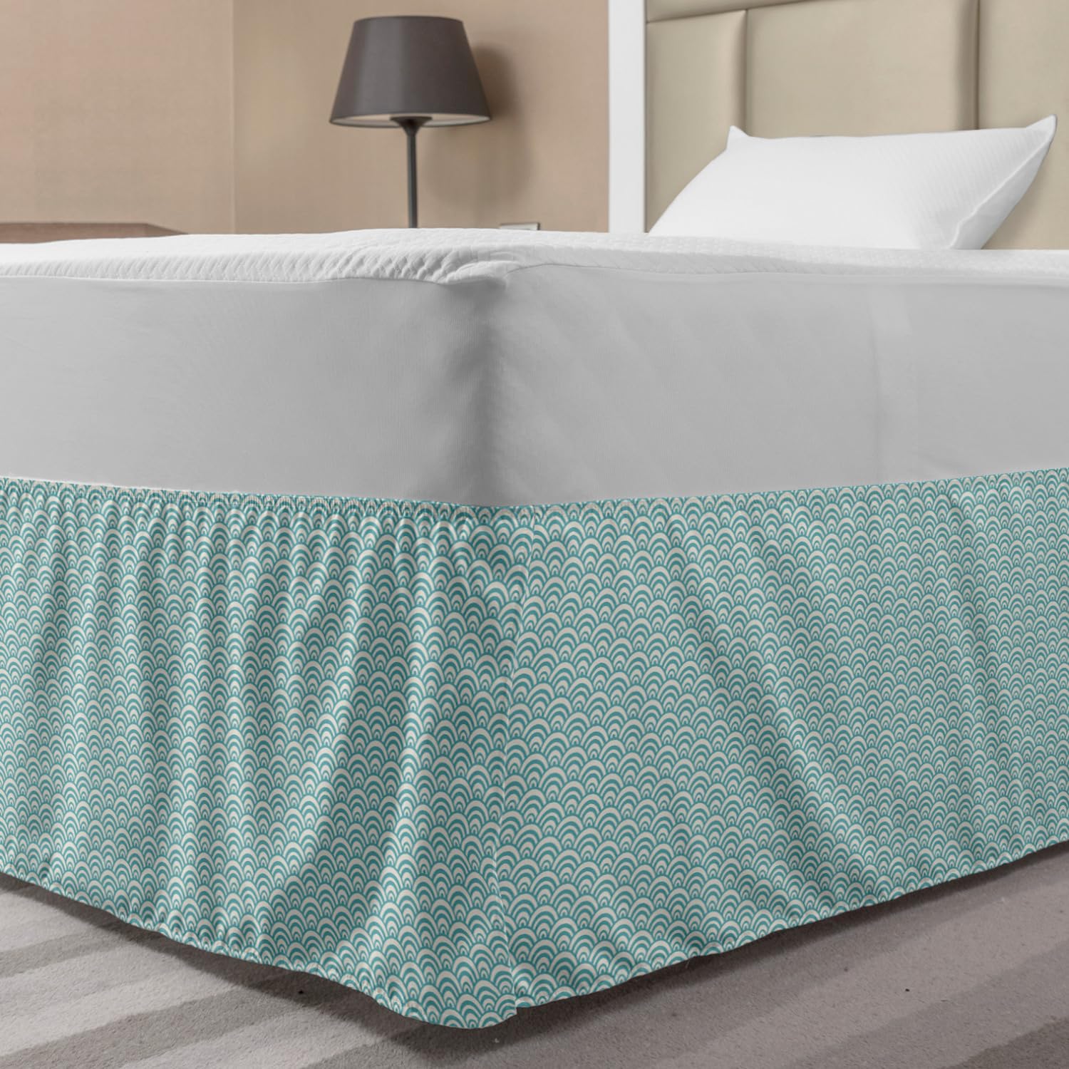 Ambesonne Aqua Bed Skirt with Curvy Lines & Bubble Design - Ocean Wave Pattern Elastic Dust Ruffle Wrap Around Bed Skirt for Full Size Beds - Sky Blue & White Coastal Bedding Decor for Beach House, Summer Home or Nautical Themed Bedroom